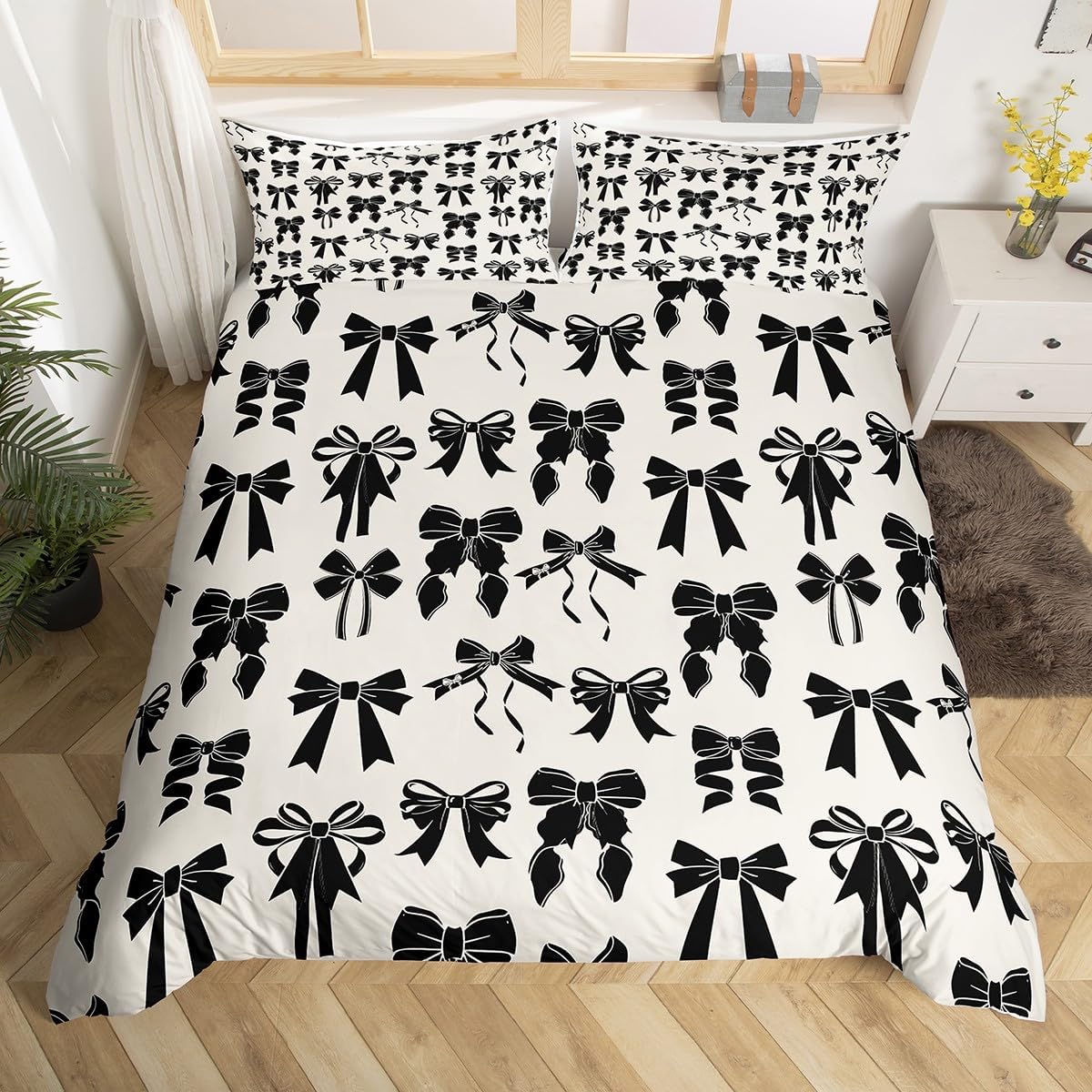 Feelyou Twin Size Black Bow Bedding Set for Kids Boys Girls Decor, Cute Bowknot Comforter Cover Set, Microfiber, 1 Duvet Cover & 1 Pillow Case
