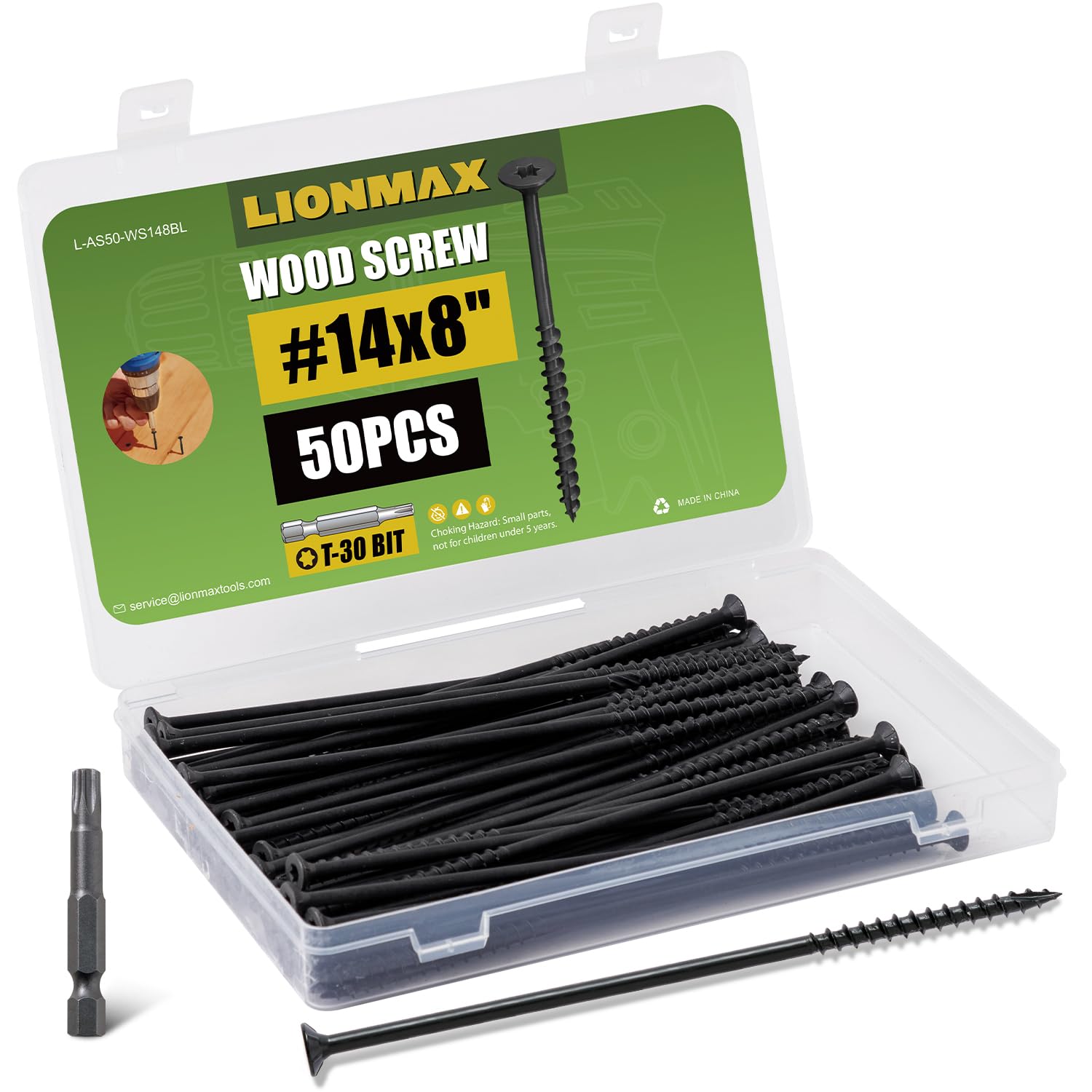 LIONMAX Tornillos de cubierta #14 x 8 pulgadas, 50 unidades, tornillos de madera largos negros, resistentes a la corrosión, revestimiento epoxi exterior para terrazas al aire libre, cabeza de