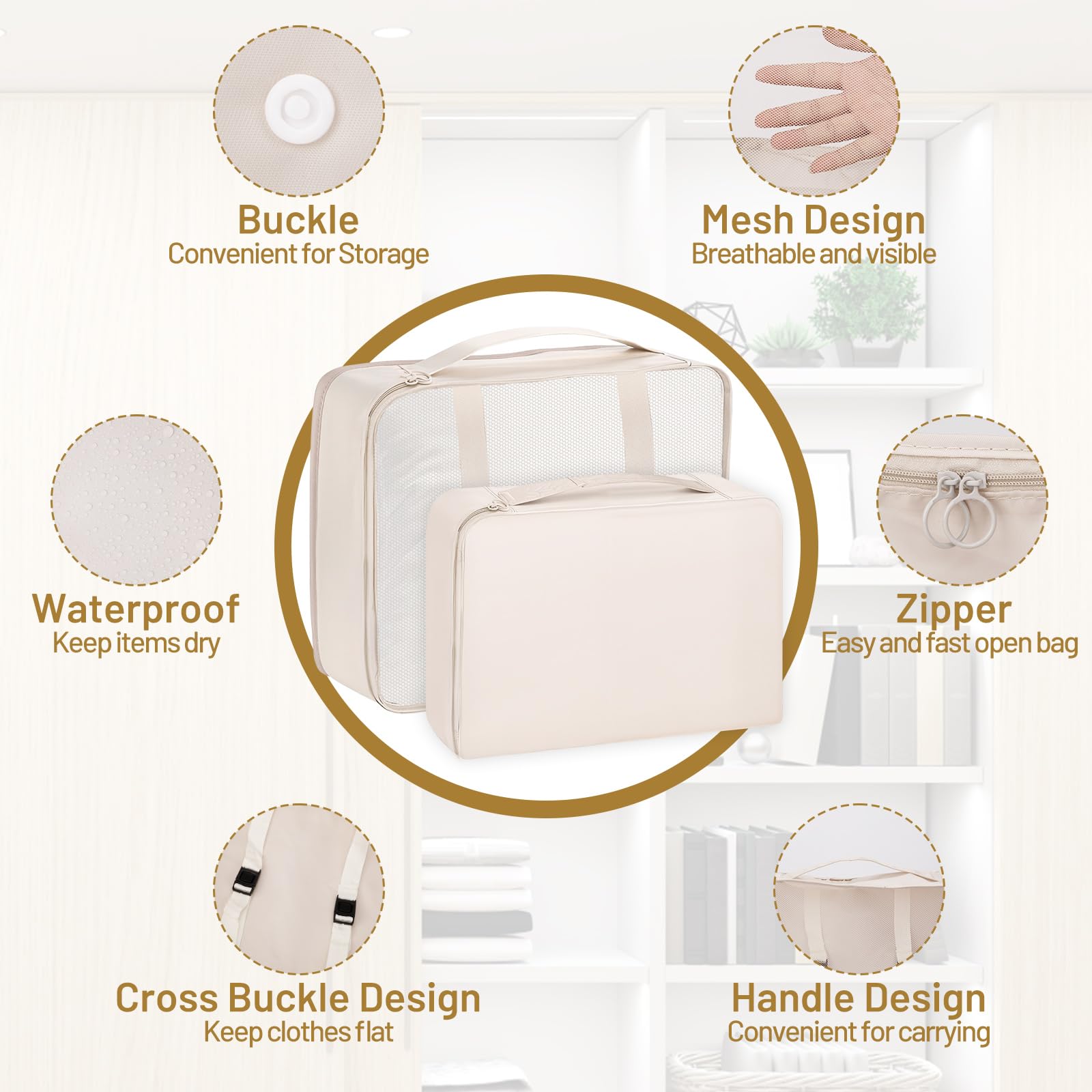Sac Rangement Valise 12 Pièces – Organisateur Valise Imperméables avec Sacs à Vêtements,Sacs à Chaussures,Trousse de Toilette,etc.| Beige | Gain de Place pour Vacances et Voyages d’Affaires