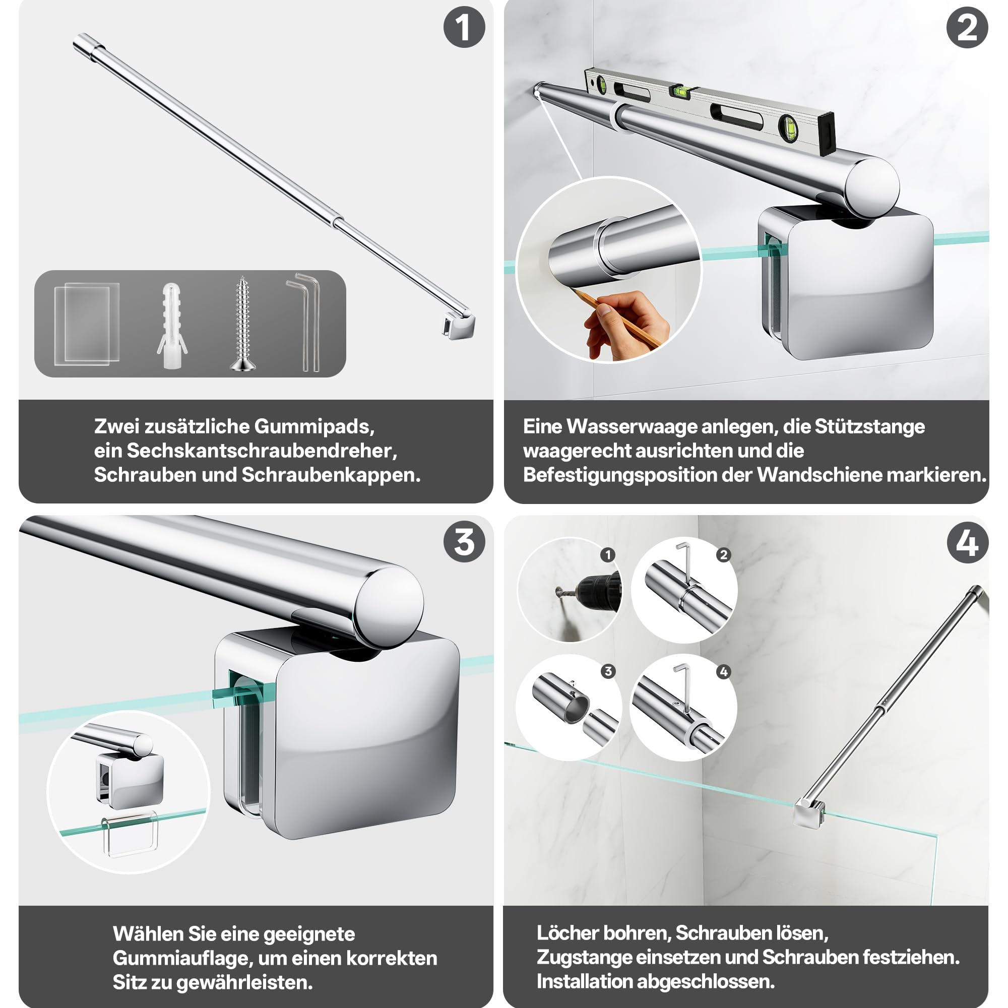 Duschstabilisator Edelstahl Teleskopstange 66,5-125,8 cm, Chrom | Mit 304 Edelstahl gefertigt, geeignet für 6-10 mm Glas und ermöglicht eine stabile sowie einfache Montage