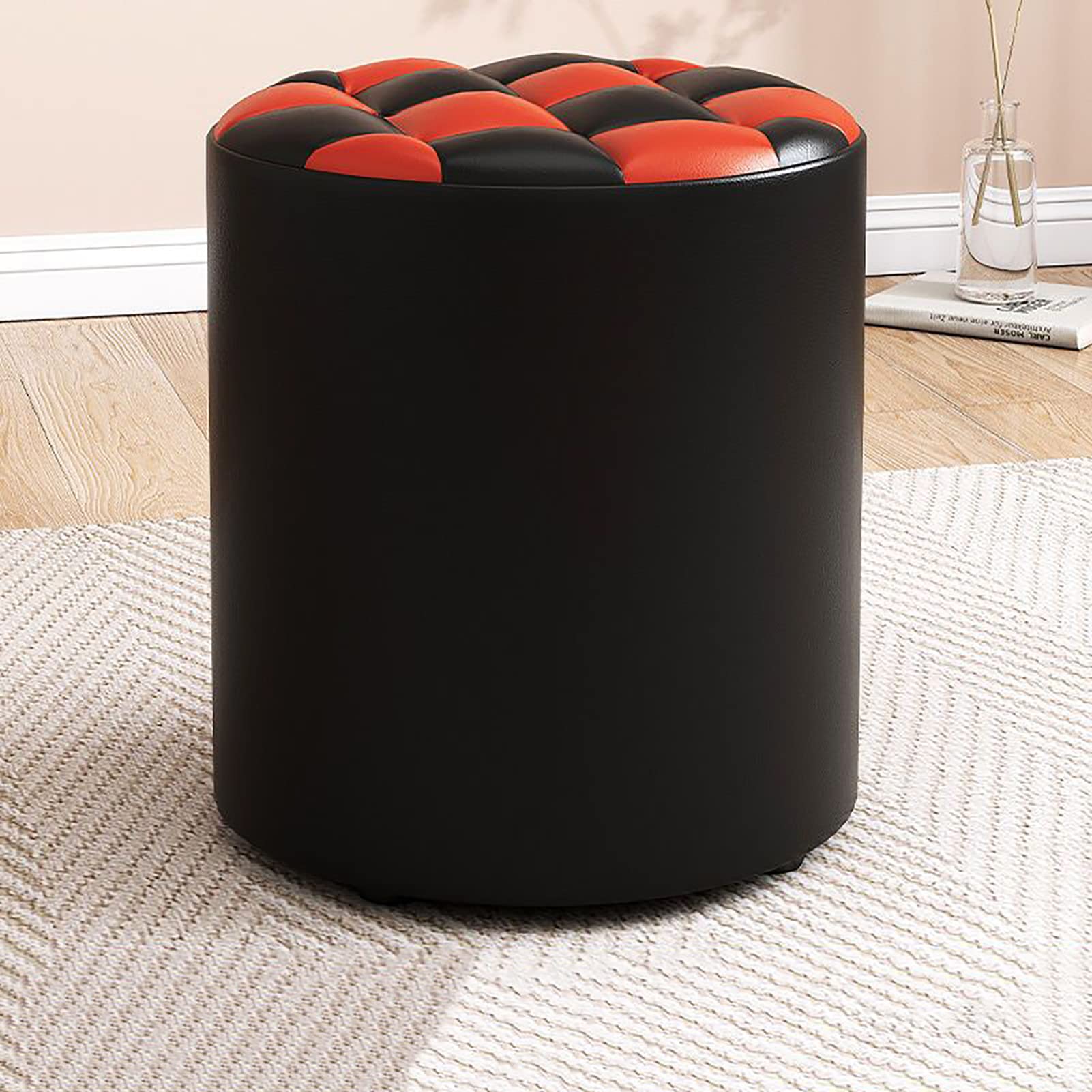 Repose-pieds ottoman rond en cuir touffeté noir pour coin lecture chic
