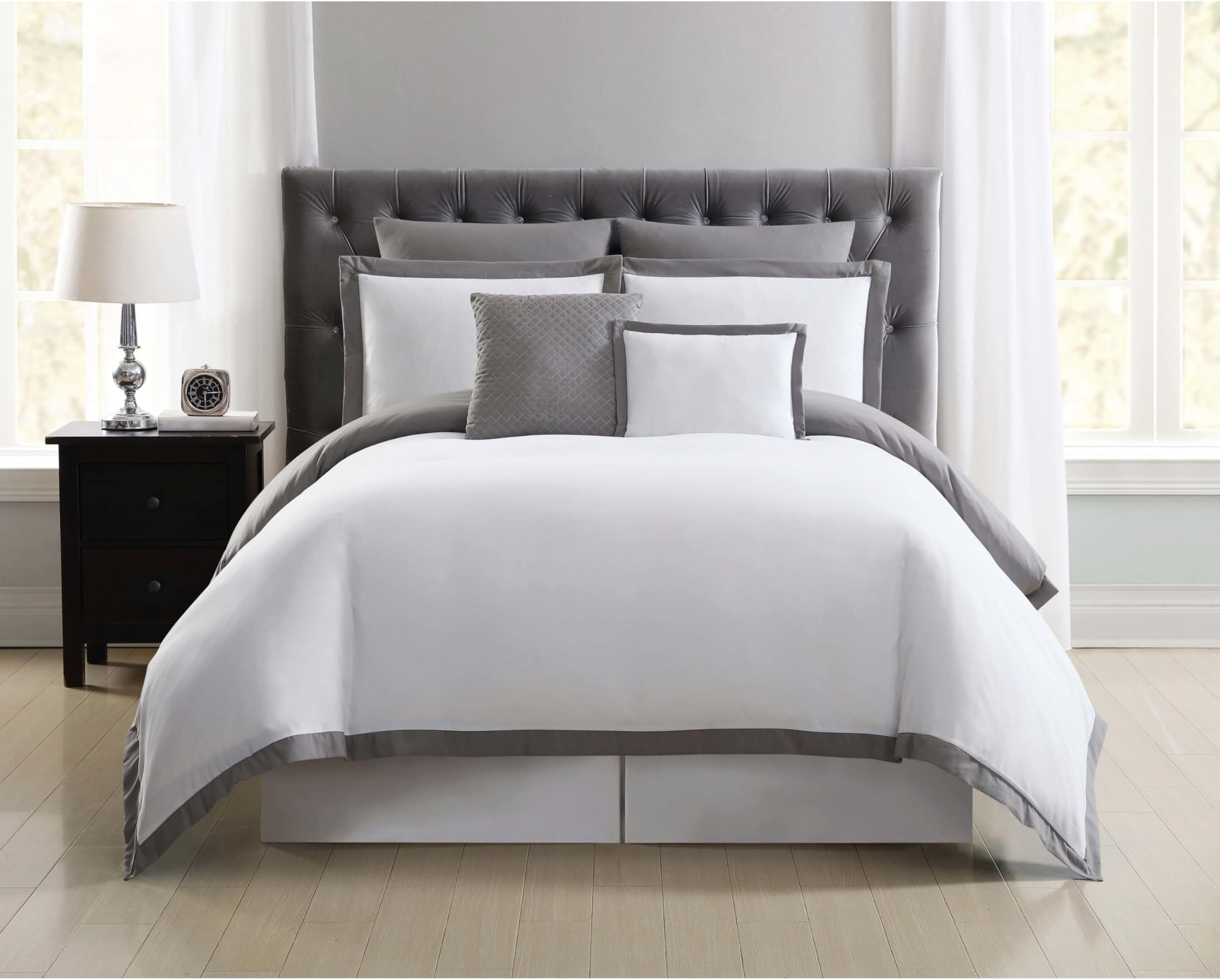 Everyday Hotel Comforter Sets White and Grey Polyester 7-Piece King Duvet Set, Hotel Themed, for Men and Women, Oeko-TEX Certified Confidence