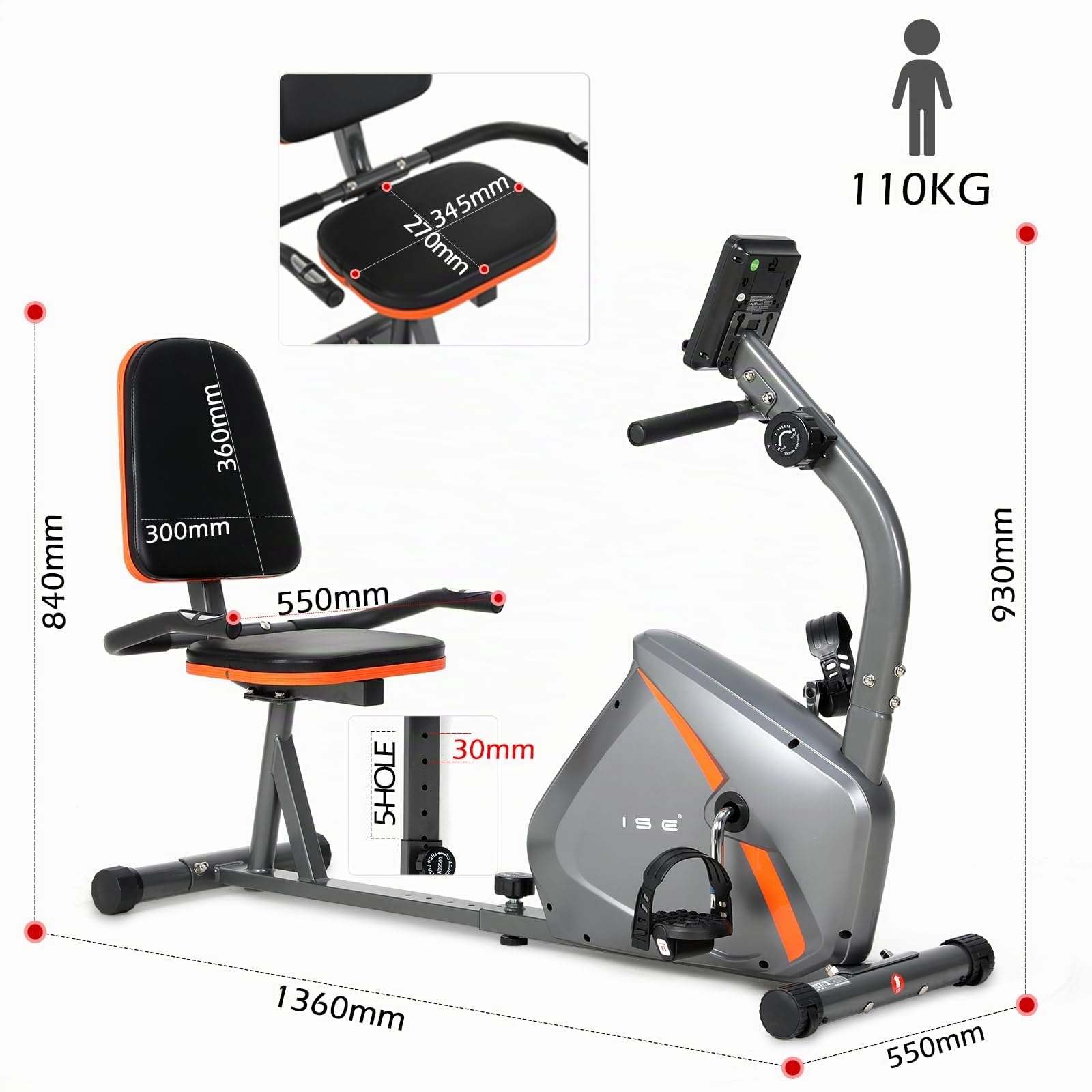 ISE Vélo d'Appartement Semi-Allongé Vélo Couché avec Frein Magnétique, Roues de Transport, Capteurs d'Impulsion, l'Ecran LCD, 8 Niveaux de Résistance Réglables, Velo d appartement Semi Allongé