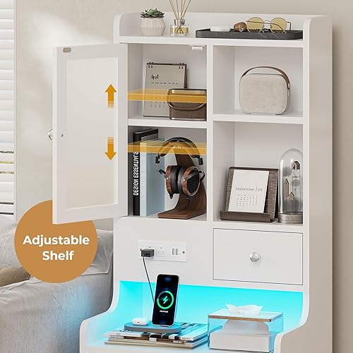 Miniatura 5 de ADORNEVE - Mesita de noche alta con estación de carga y luces LED, mesita de noche de 49.2" con estantería, mesa de noche blanca con cajones, mesa