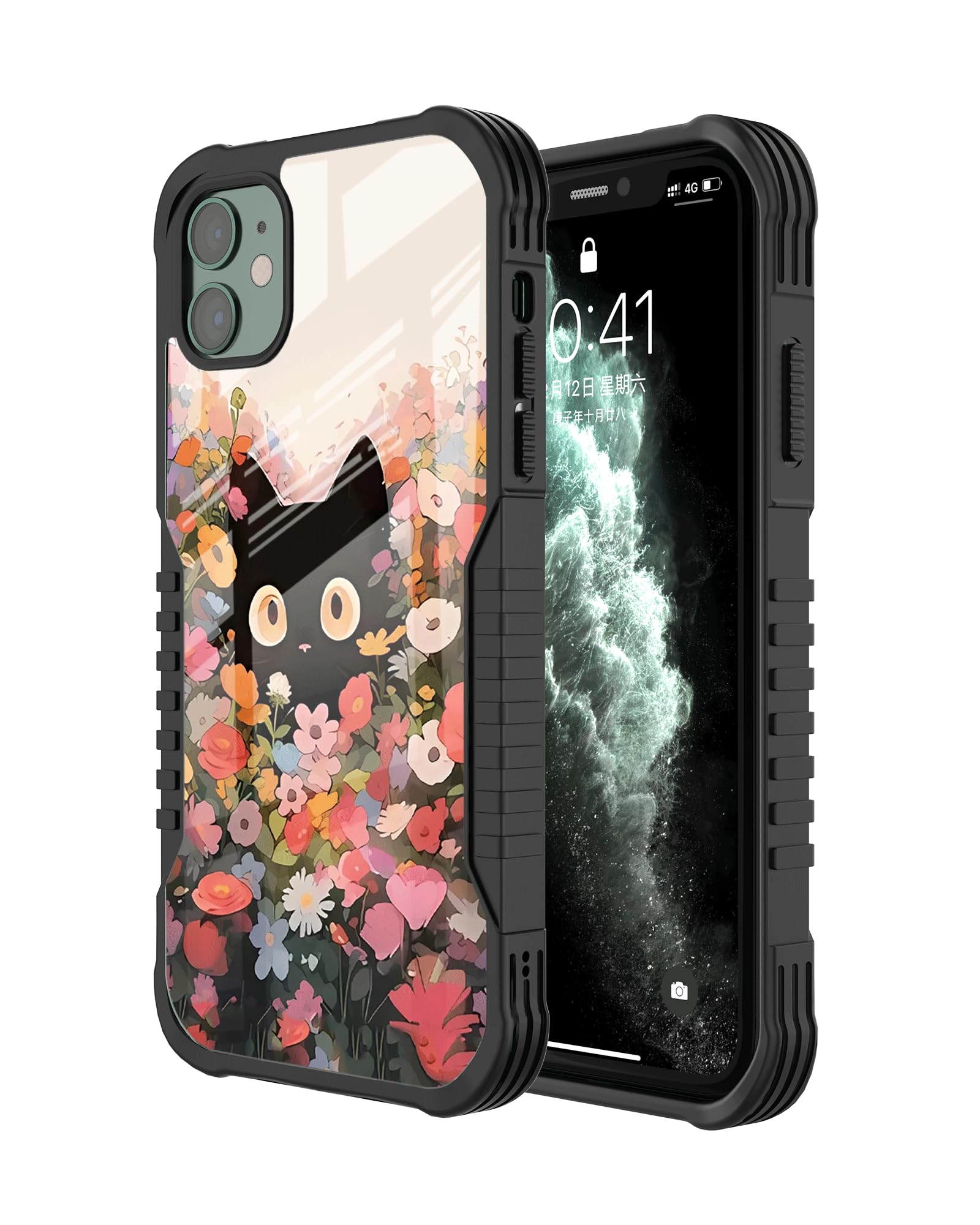 HEVIGO Black Cat in Garden Design Compatible with iPhone 12/12 Pro Case for Scratch-Resistant Shockproof Acrylic Back Panel and Elastic Soft TPU Frame