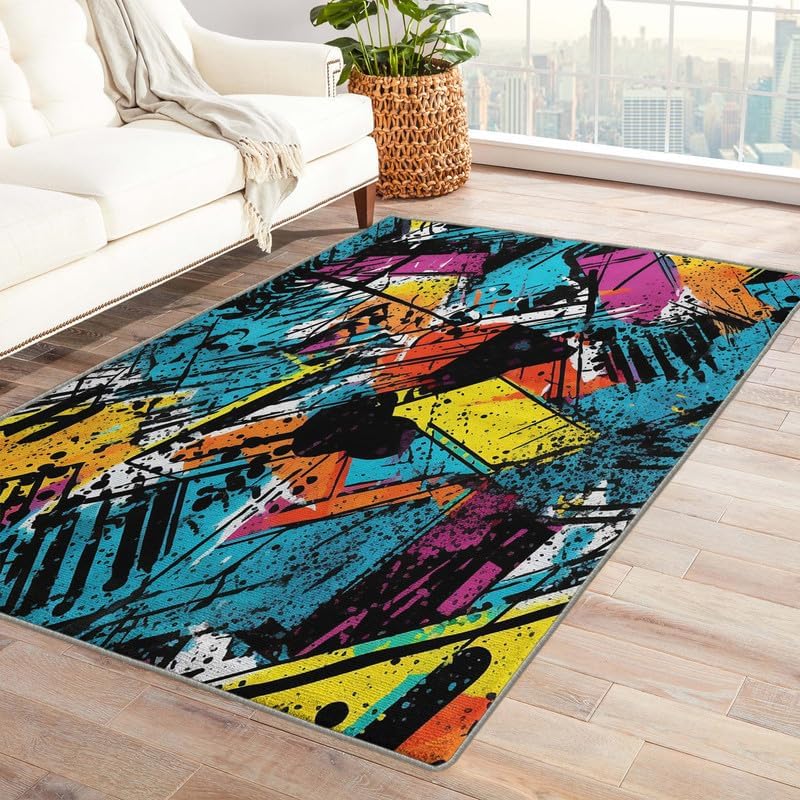 Miniatura 16 de Alfombras lavables para sala de estar, dormitorio, alfombra de graffiti musical y decoración del hogar, alfombra de área de hip hop de 3 x 4, Música