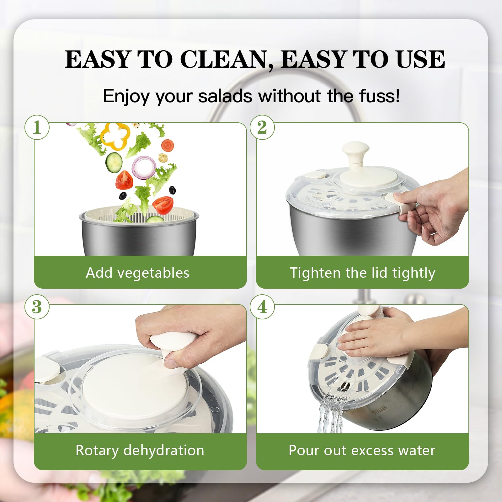 Centrifugador de ensalada de acero inoxidable, giratorio de verduras de 5 cuartos de galón, giro rápido para secar verduras, cuenco de ensalada de acero inoxidable, imprescindible para tu