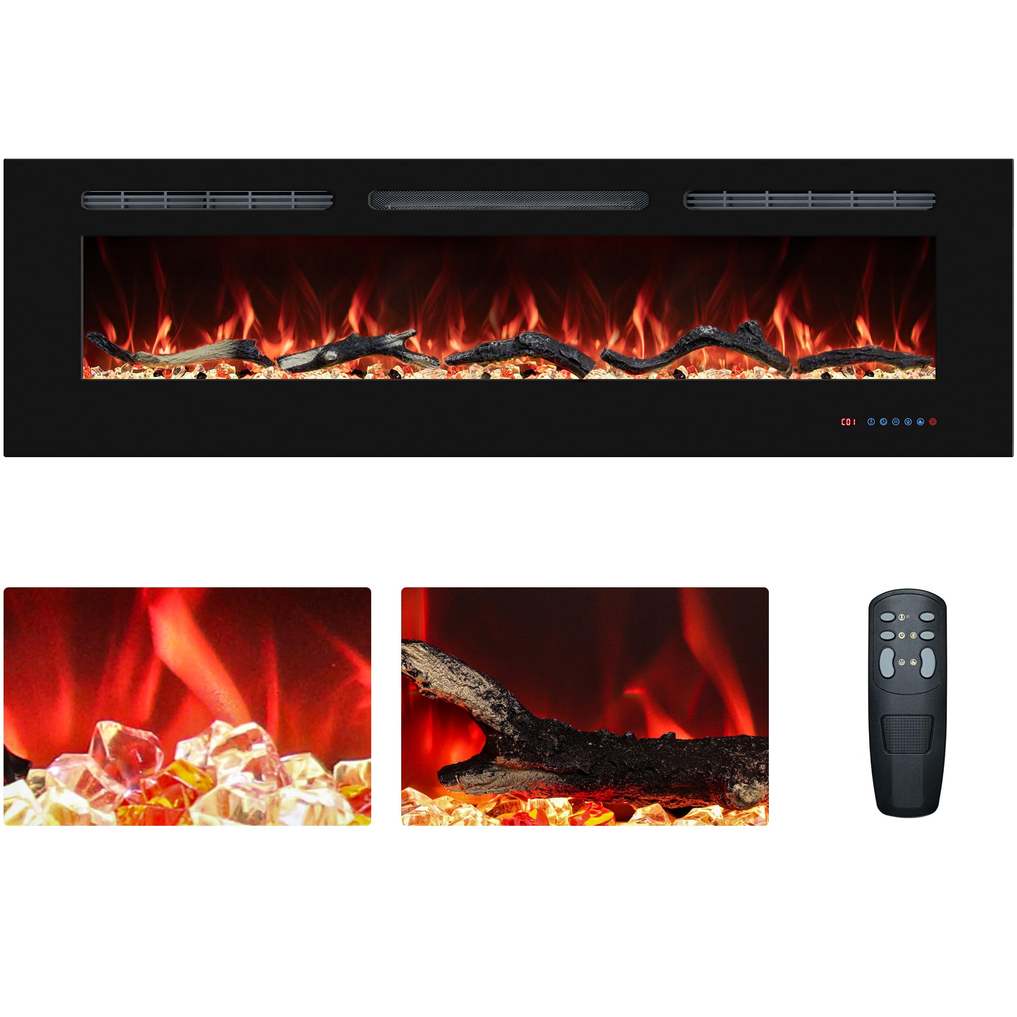 Inserti per camino elettrico da 152 cm, riscaldatore da incasso e a parete, camino/termostato lineare, telecomando e touch screen, fiamma multicolore, timer, ceppo e cristallo, 750W/1500W