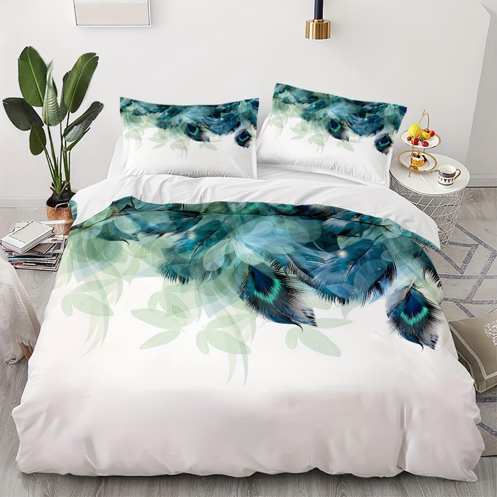Parure de lit plumes de paon avec housse de couette 210x245 cm et taies