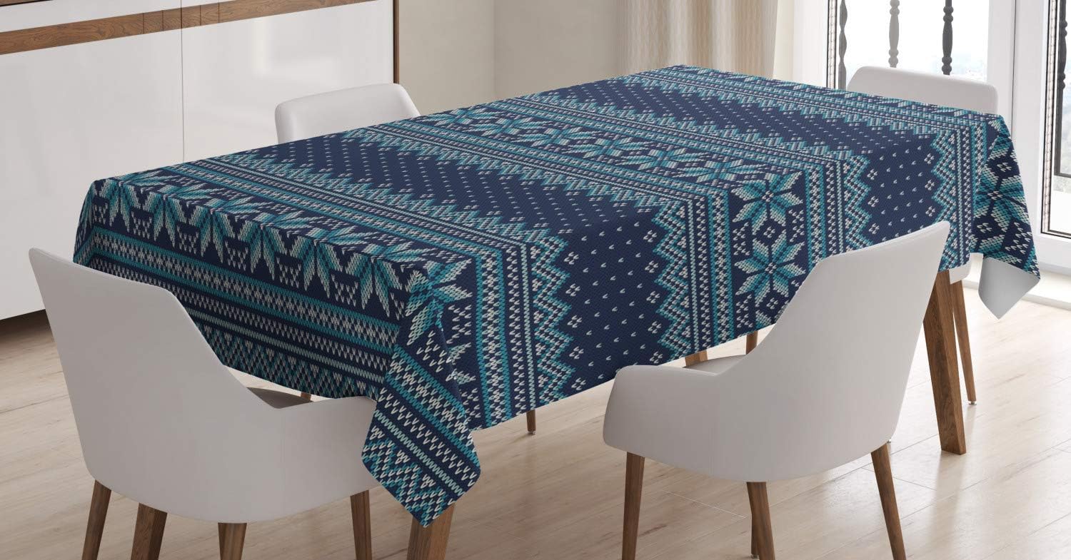 Ambesonne Nordic Tablecloth, Knitted Pattern with Chevron Herringbone Abstract Snowflake, Dining Room Kitchen Rectangular Table Cover, 60" X 84", Turquoise Blue