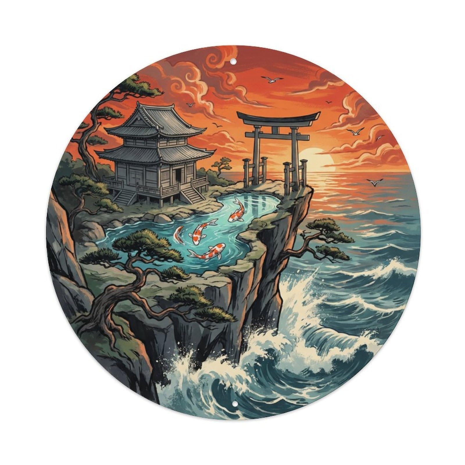 Galvaxio Style Japanese Cliff Temple Koi Fish Ocean View Metal Tin Sign