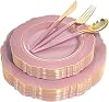 Nervure 100PCS Teal Plastic Plates With Gold Rim & Gold Disposable Silverware with Teal Handle Include 40 Plates, 60 Plastic Sivlerware for Party & Wedding