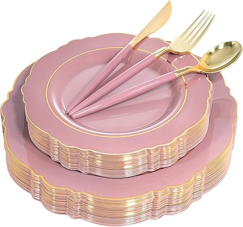Miniatura 2 de Nervure 100 platos de plástico rosa malva con borde dorado 100 servilletas de papel de oro rosa
