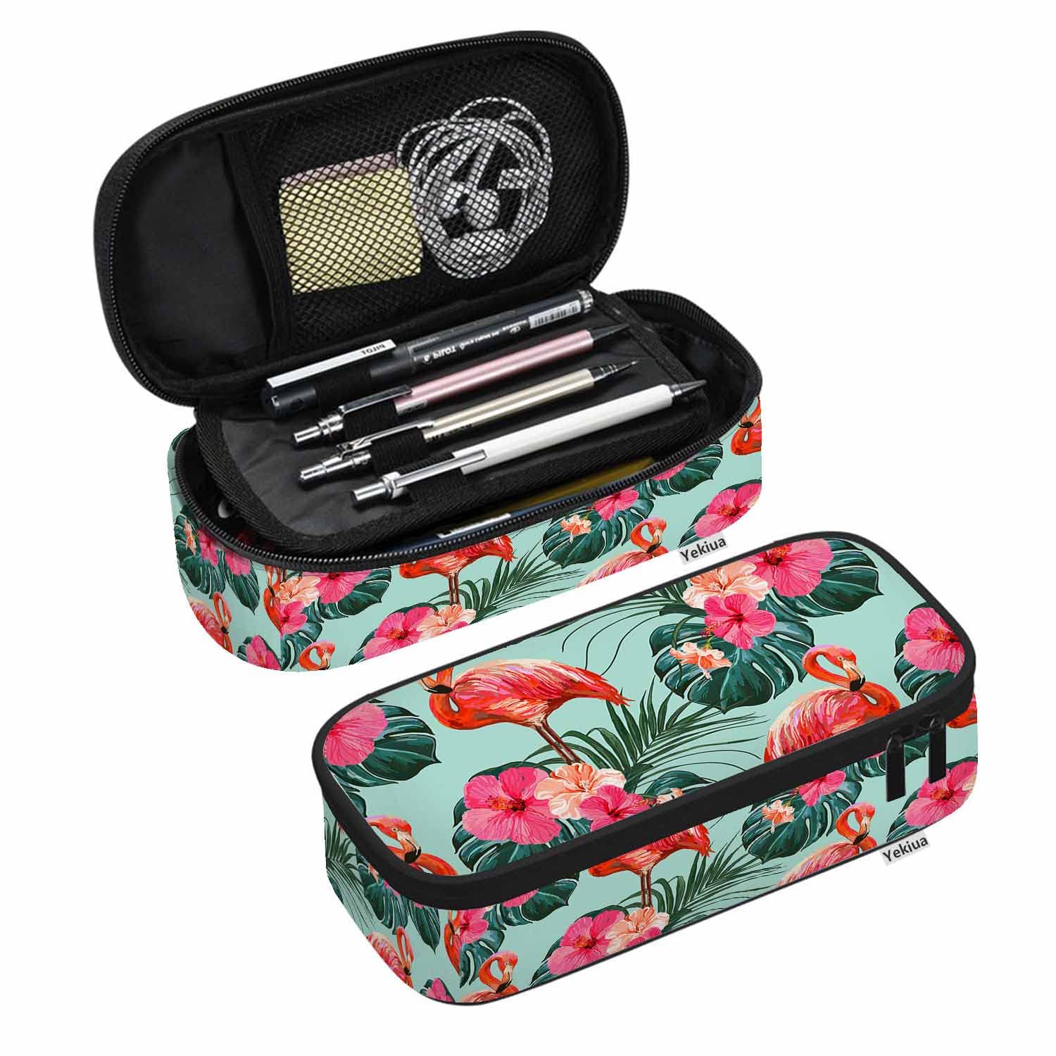 Yekiua Flamingos Pencil Case Beautiful Summer Tropical Floral Palm Leaves Hibiscus Big Capacity Pencil Pouch Office College Makeup Bag — image 1