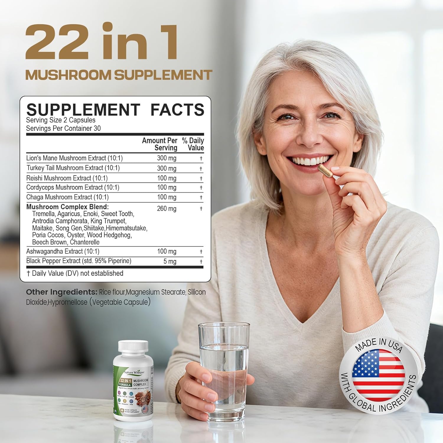 22 in 1 Lions Mane Mushroom Supplement with Ashwagandha | Black Pepper for Wellness Support, Mushrooms Complex with Turkey, Tail, Reishi, Cordyceps, Chaga, Maitake & More - 60 Capsules - Image 3