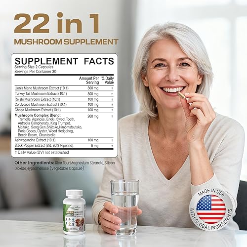 Miniatura 3 de Suplemento de hongo de melena de león 22 en 1 con Ashwagandha  Pimienta negra para apoyo al bienestar, complejo de hongos con pavo, cola, reishi,