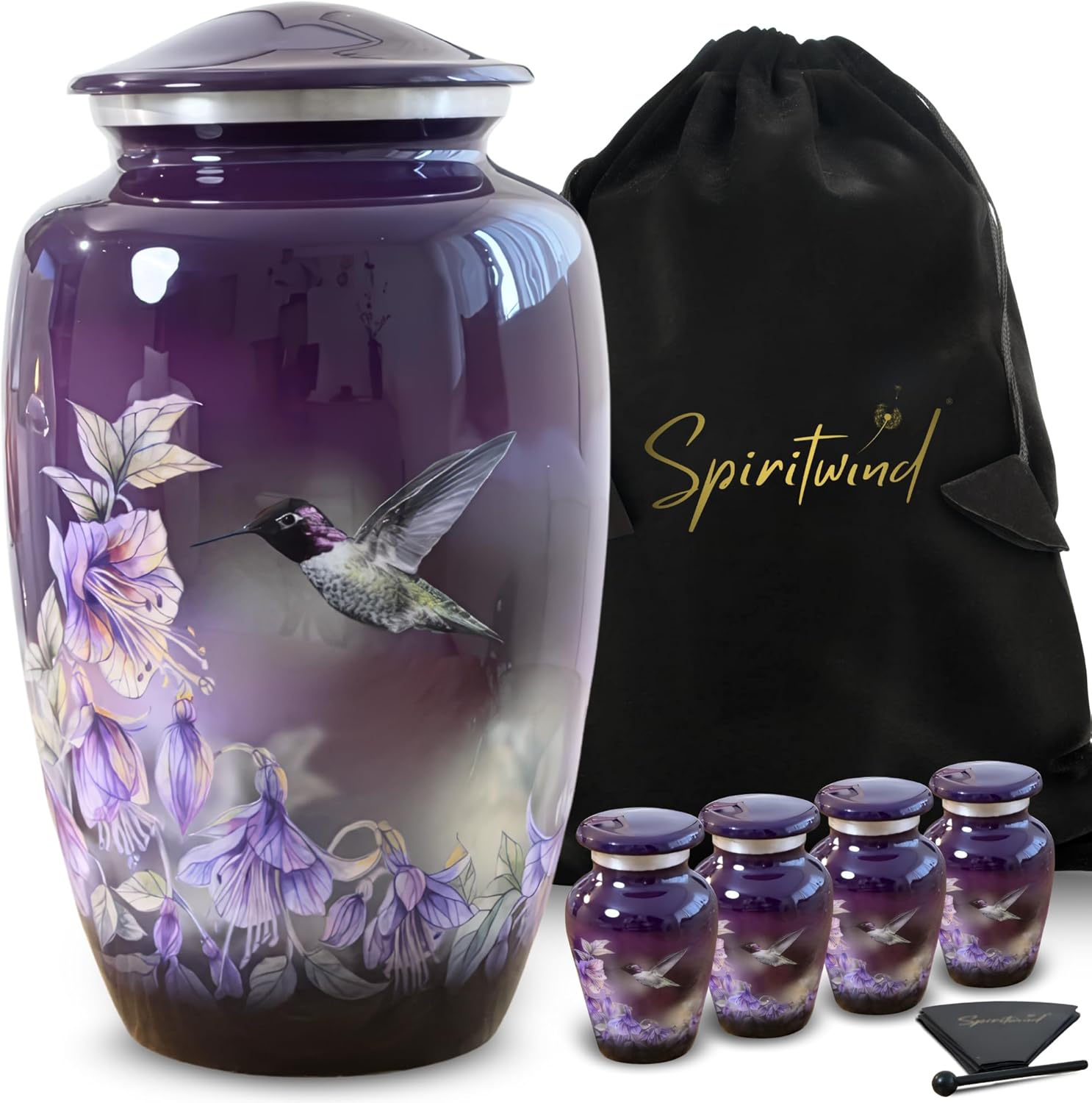 Set of 5 Beautiful Anna's Hummingbird Urns for Human Ashes Adult Female - 1 Large Purple Urn for Ashes for Women with 4 Keepsake Hummingbird Urns - Beautifully Packaged with 4 Funnels & 5 Velvet Bags