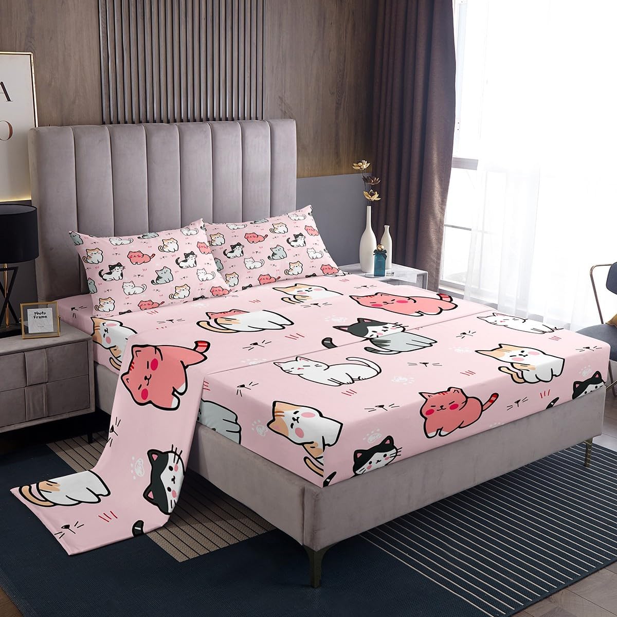 Erosebridal – Juego de ropa de cama con impresión de gatos de dibujos animados – Sábanas lindas con estampado de gatitos para niños, tamaño