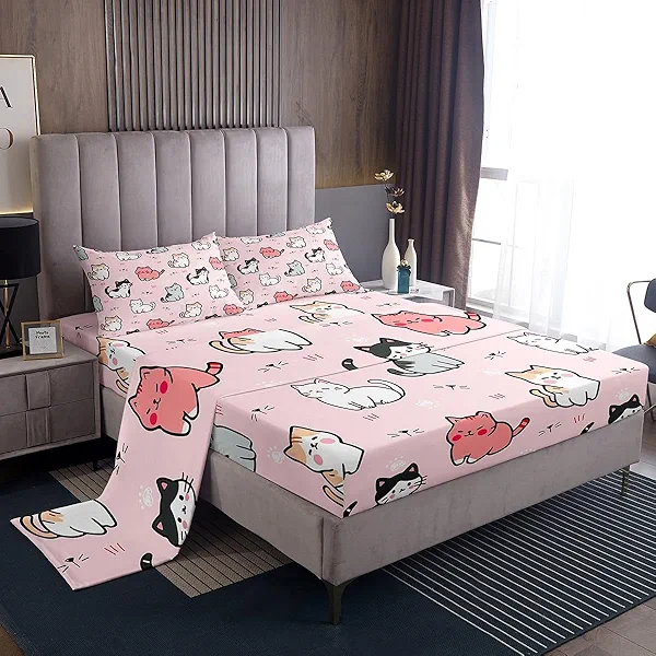 Kids Cute Cat Sheet Set,Cartoon Pet Cats Toddler Bedding Set for Child Boys Girls,Kawaii Kitten Paw Print Bed Sheets,Cat Lover's Animal Themed Design Quilt Set Bedroom Collection 4Pcs Full