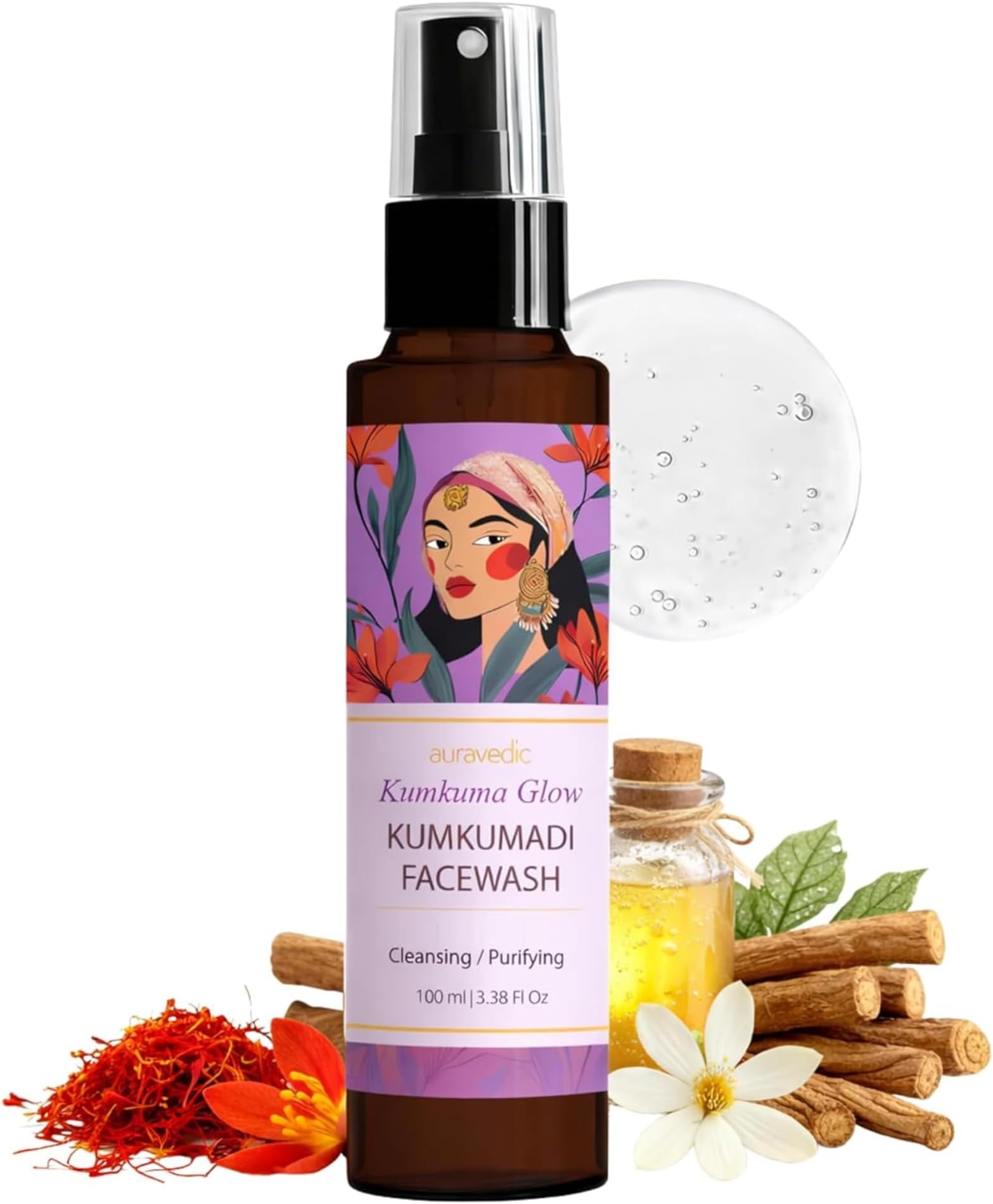 Auravedic Kumkumadi Face Wash | Gentle Cleanser for Makeup, Oil & Impurities | Ayurvedic Saffron Face Cleanser for Soft, Supple Skin | Suitable for All Skin Types | 3.38 Fl Oz (100ml)