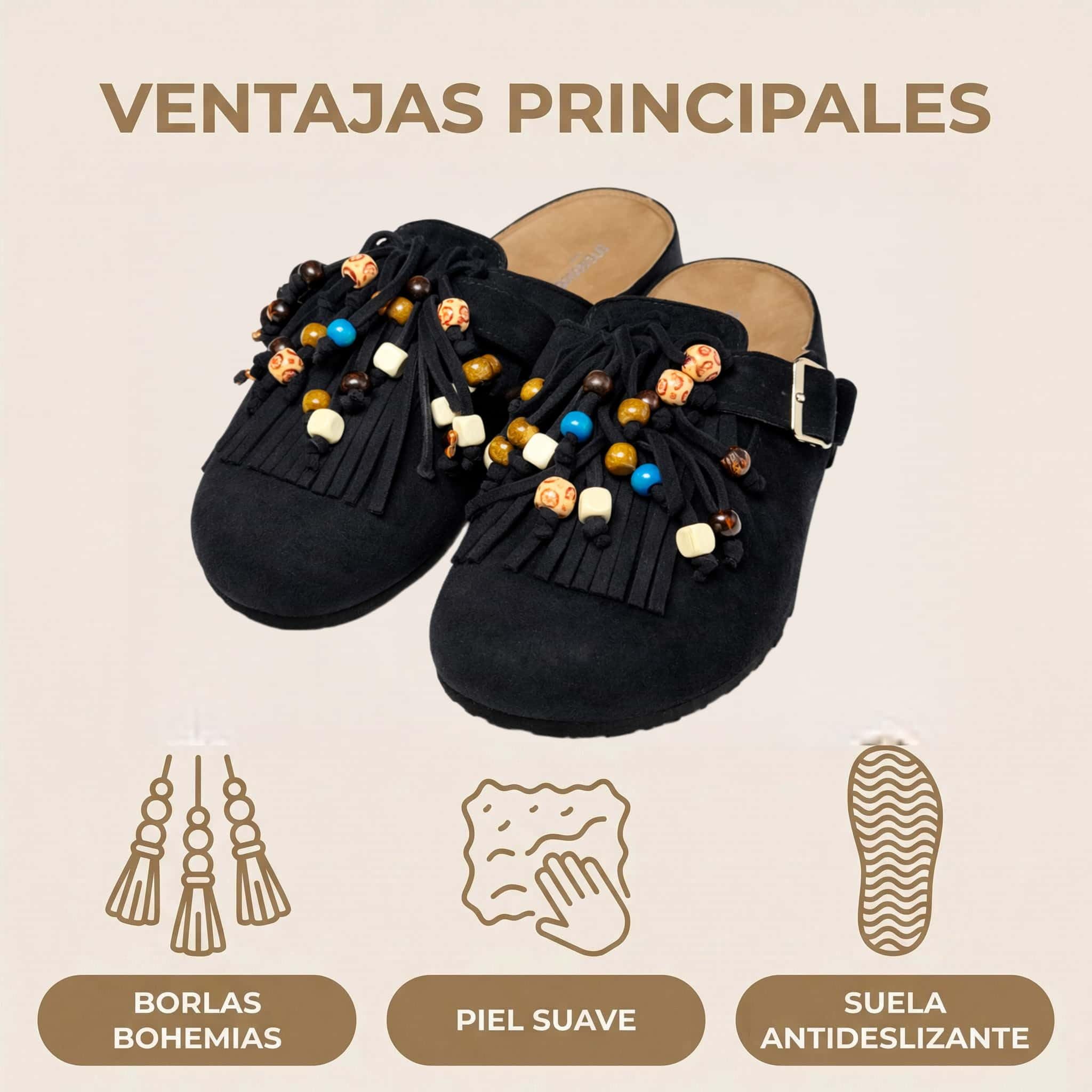 Zuecos para Mujer Estilo Boho con Flecos y Cuentas Decorativas, Ante Sintético, Suela EVA Antideslizante, Hebilla Ajustable 36-41