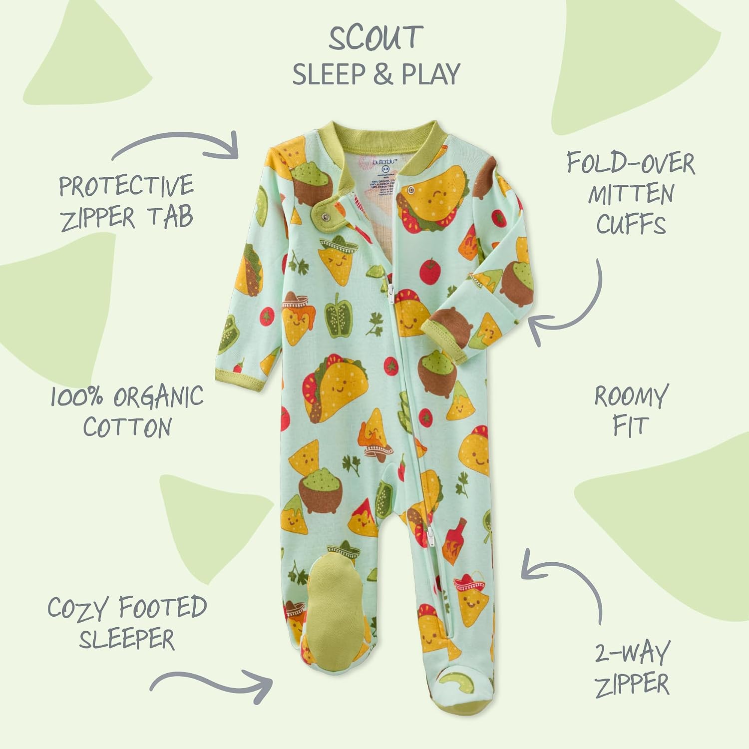 Butterblu Scout Sleep & Play 100% Organic Cotton Footed Zip Front PJs image 2