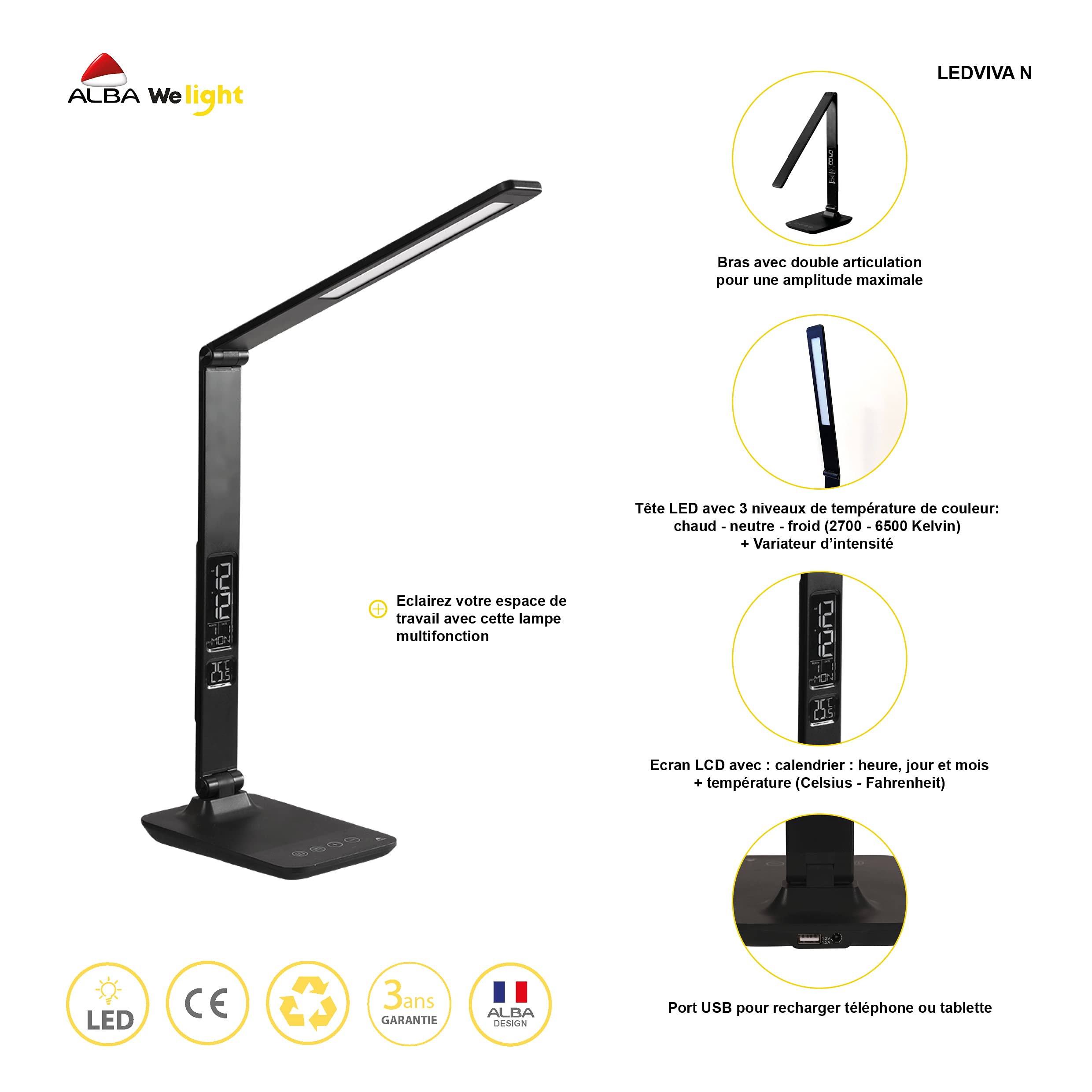 ALBA LEDVIVA N Aluminium + ABS Schreibtischlampe LED mit integriertem USB-Port + Multifunktional, Grau Anthrazit