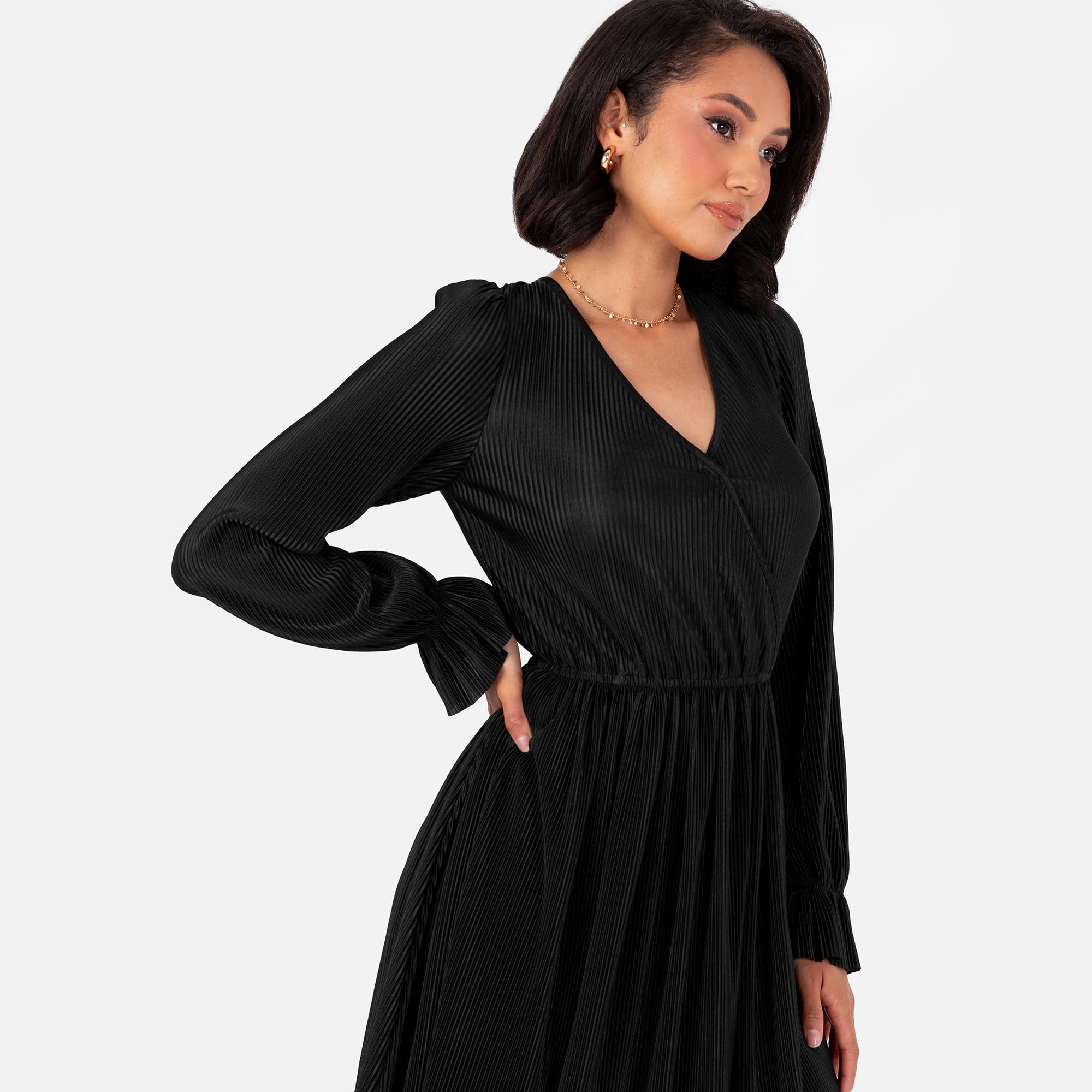 Women's Midaxi Dress Ladies Wrap V-Neck Long Sleeve Ruffle Cuff A-line Plissé Evening Occasion Wedding Guest