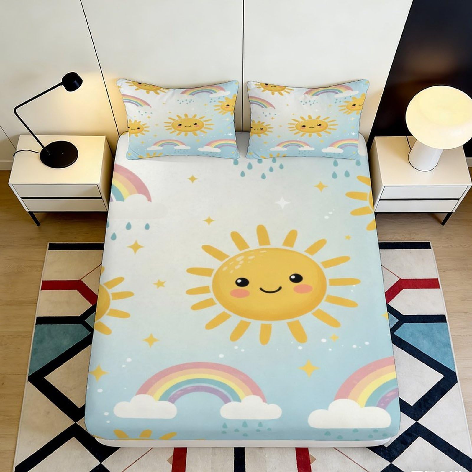 3D Printed Sunshine Rainbow Fitted Sheet Microfiber Soft Anti-Slip Bed Cover for Bedroom Dorm Mattress Protection Decor 90x200x25cm