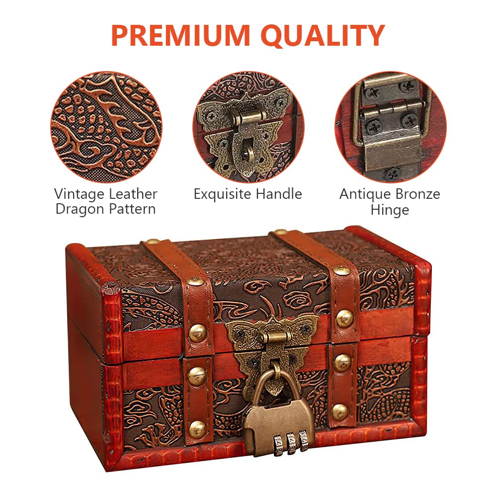 Fivtsme Houten kist met hangslot, kleine houten box, uniek vintage design, schatkist van hout, opbergdoos van hout met deksel en slot, schatkist, piratenkist