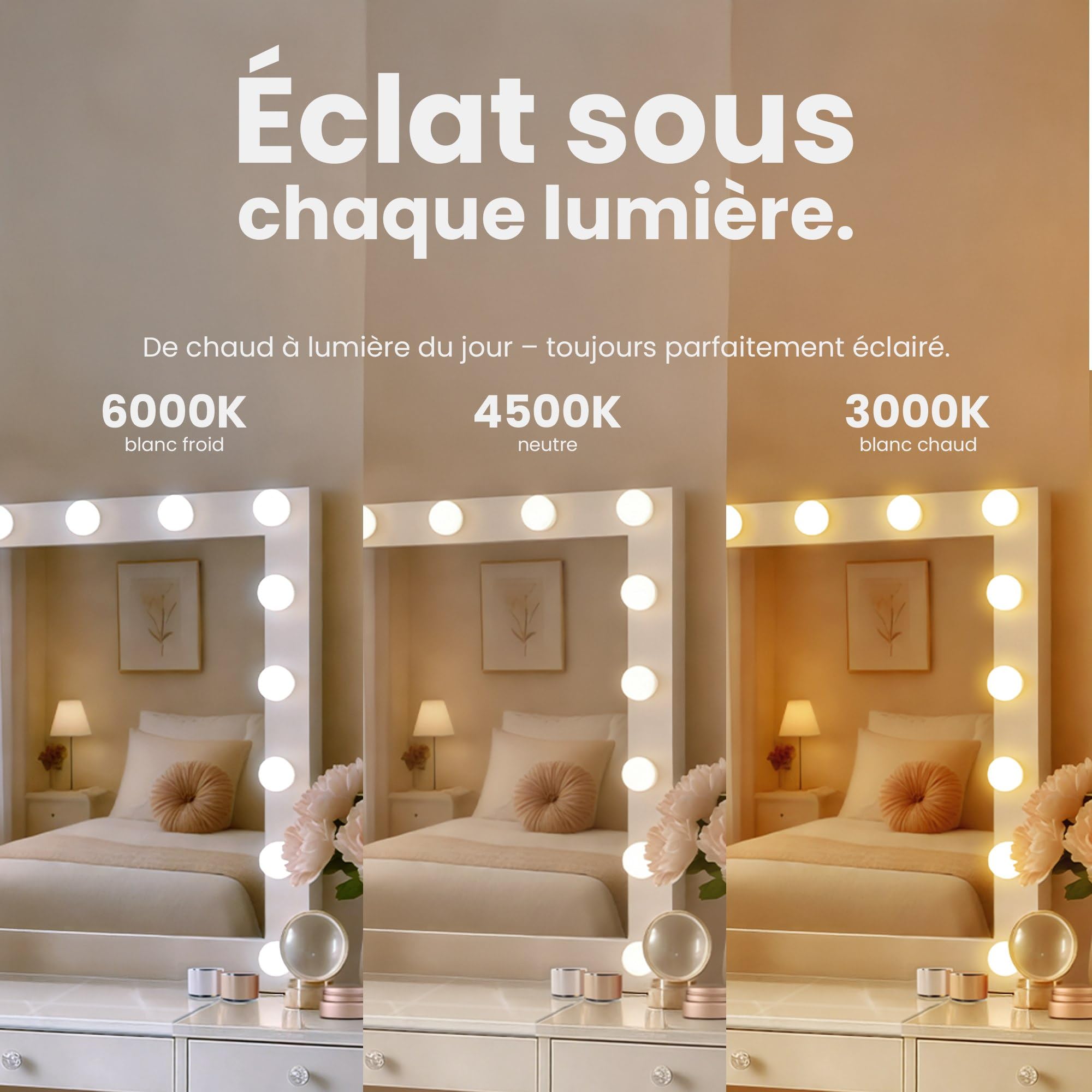CLP Coiffeuse avec éclairage et Miroir 100x75 cm Attalla, Miroir Hollywood LED 3 Couleurs de lumière, avec tiroirs, Connexion USB-A et USB-C, Couleur:Blanc