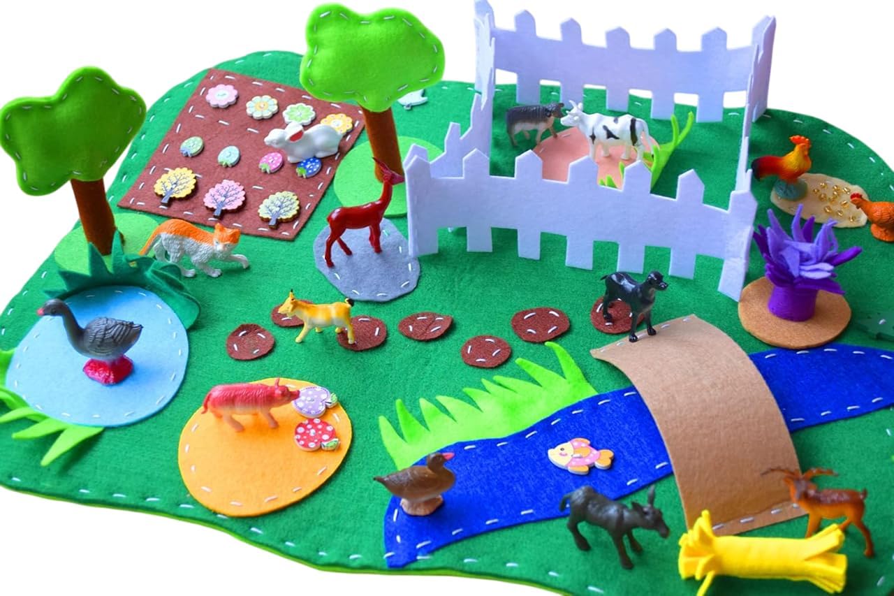 Farm Felt Play Mat with 14 Animals Barnyard Waldorf Play Set Small World for Kids Pretend Play Travel Educational Toy Playscape Busy Toddler (Without Animals)
