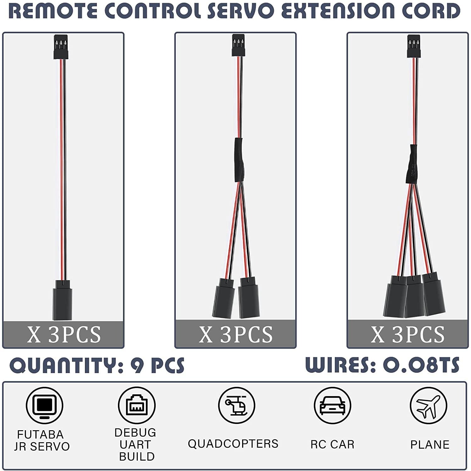 RUNCCI-YUN 9 szt. RC Servo Extension Cable, JR Servo Cable, kabel serwo 3-pinowy JST, przedłużacz JR, 3 rozmiary 15 cm (kabel 1 do 2 Y i 1 to 3 kable)