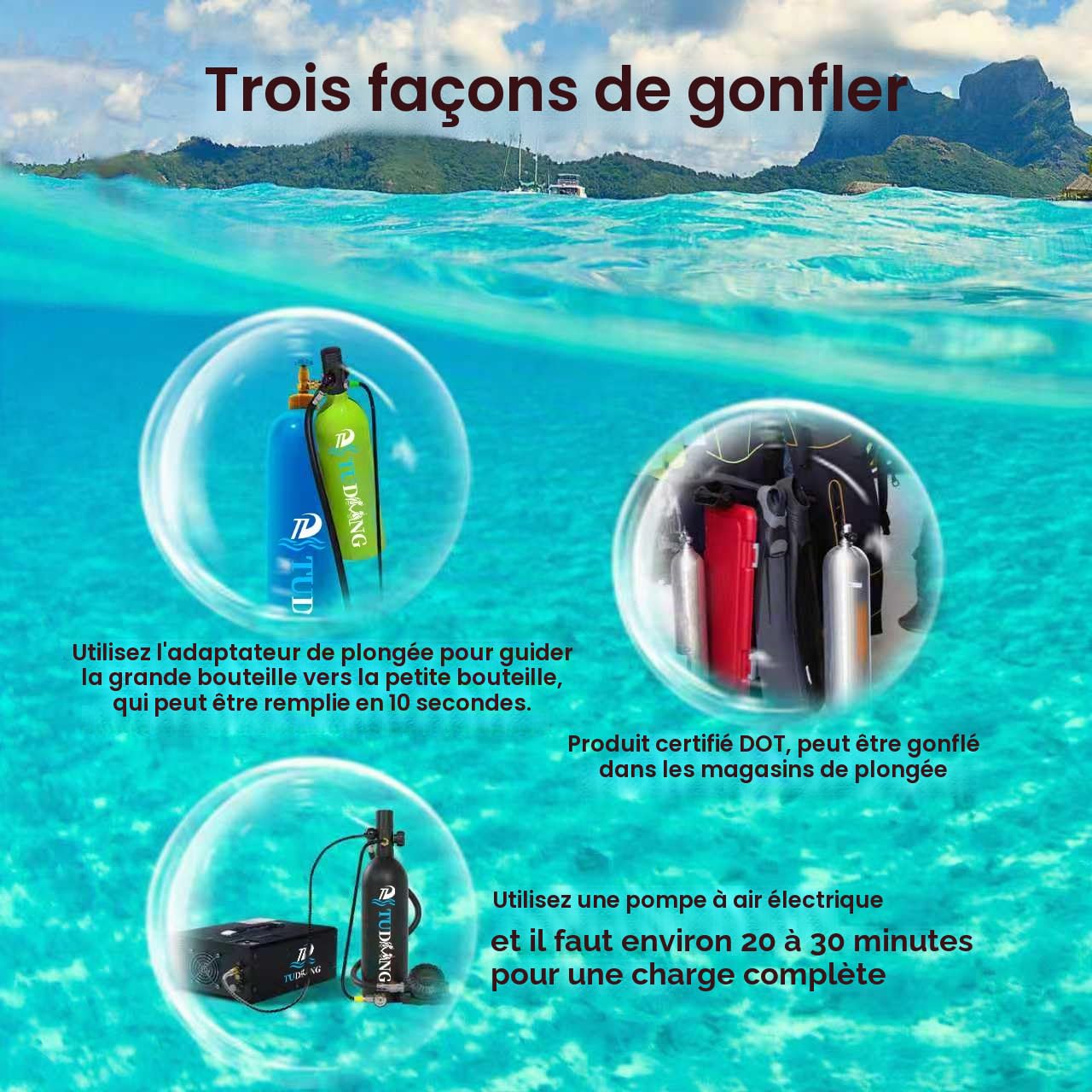 Réservoir de plongée sous-Marine TUDIVING-2L avec 25-30 Minutes de Respiration, Cylindre de plongée sous-Marine Portable, équipement de plongée