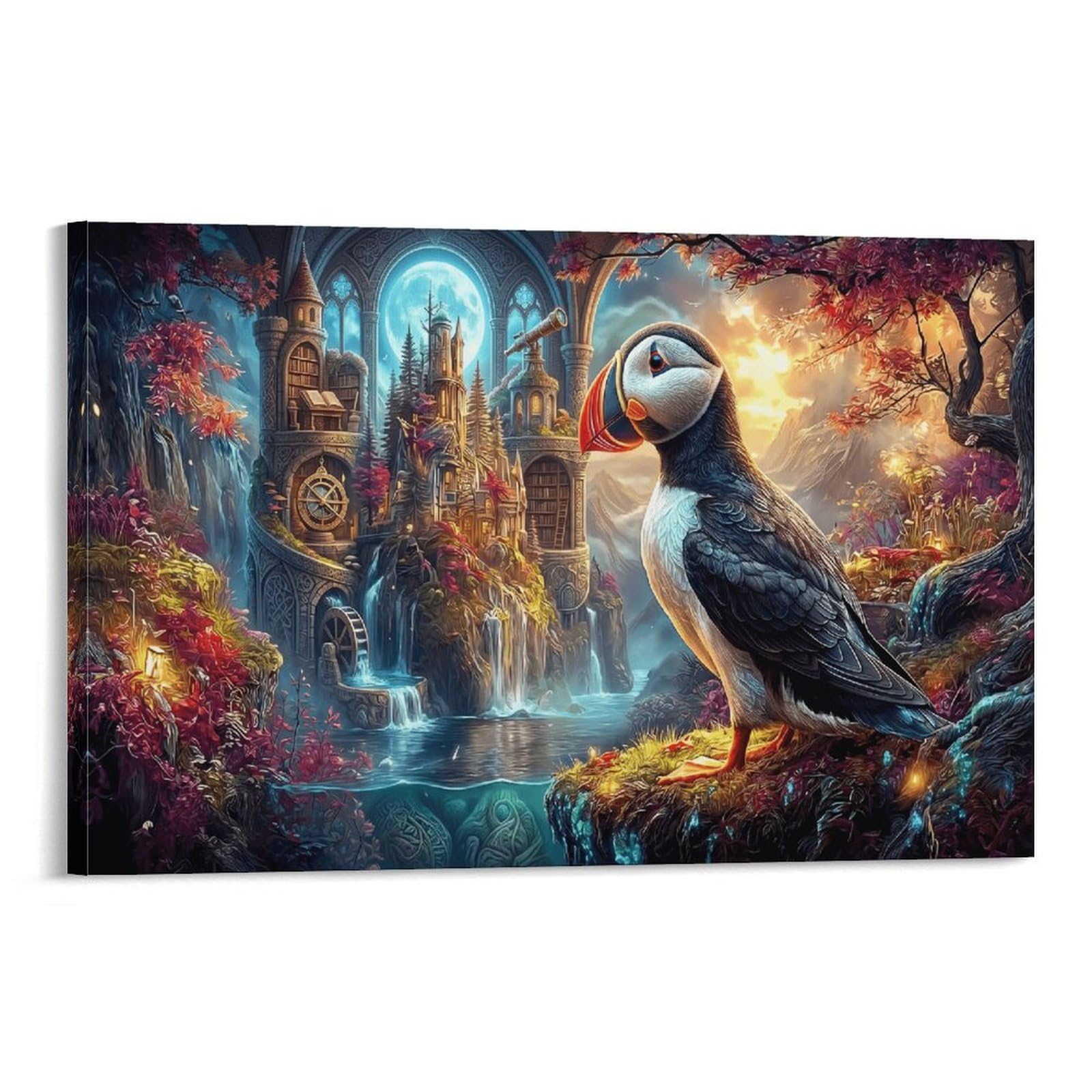 XPASHIQWC Puffin Wall Decor Poster Star-Moon Castle Giclee Canvas Prints Modern Wall Art Picture Wall Hanging for Bedroom Living Room Decor 20x30inch(50x75cm)