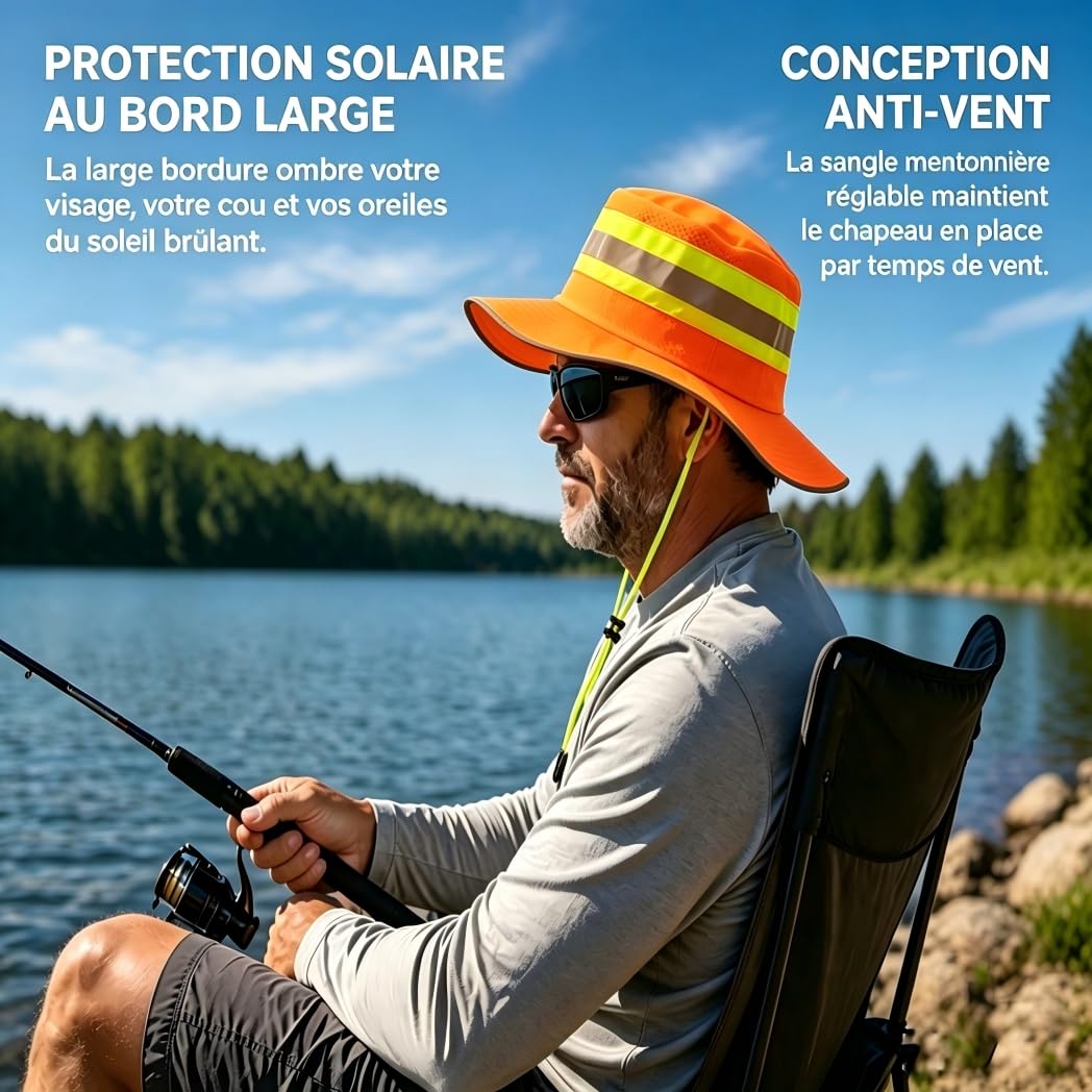 Chapeau de Soleil Haute Visibilité Chapeaux de Pêcheur Réfléchissant Chapeau d'alpinisme Randonnée Extérieur Protection UV Casquette Visière Large Bord Casquette Boonie de Travail pour Homme Femme