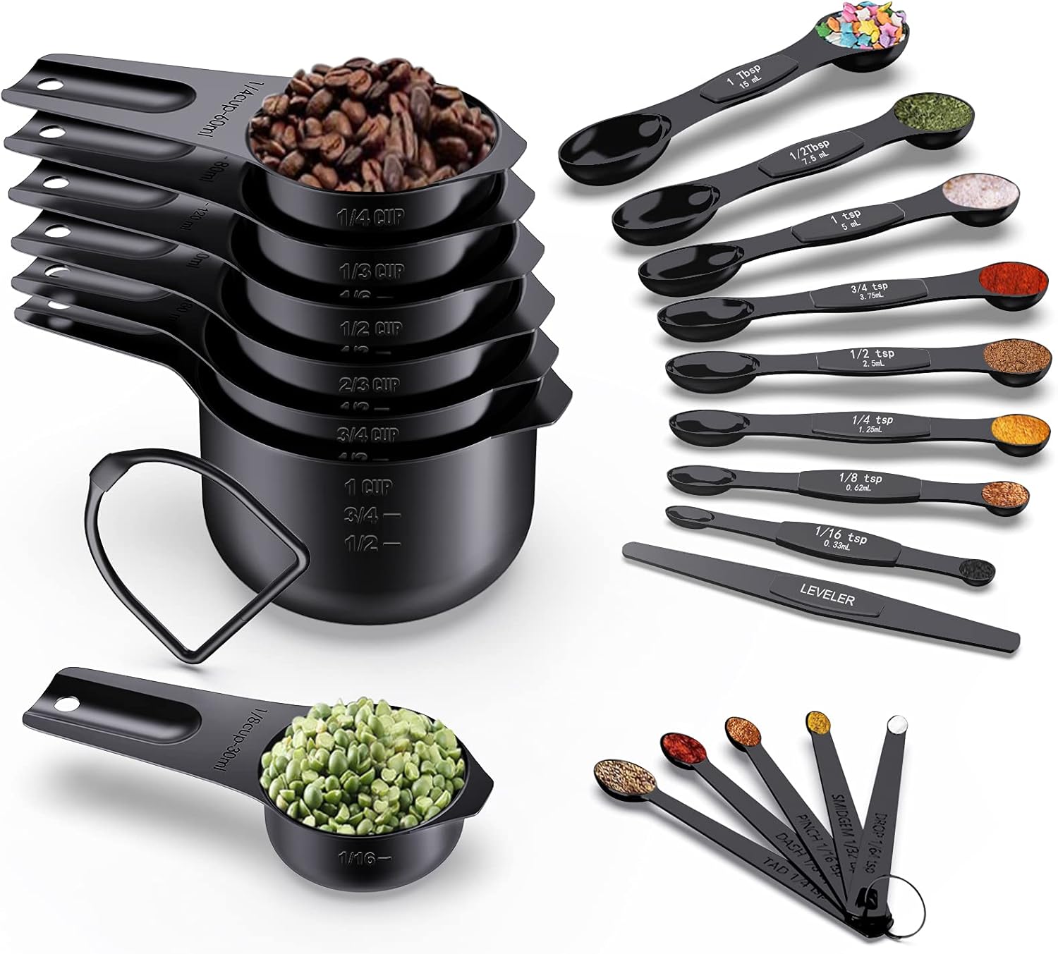 Wildone 21 Piece Black Measuring Cups & Spoons, Includes 7 Stainless Steel Measuring Cups, 8 Double Sided Measuring Spoons, 1 Leveler & 5 Mini Spoons