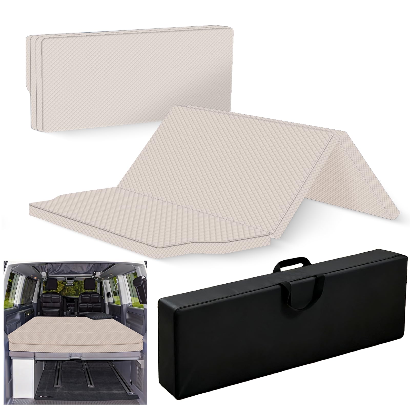 Atmungsaktive kühle komfortable Stoff-Automatratze zum Zusammenfalten kompatibel mit VW T32 T4 T5 T6 T6.1 T7 Multivan California Beach Caravelle Transporter Maße:186×148×8cm Wohnmobil Camper Zubehör