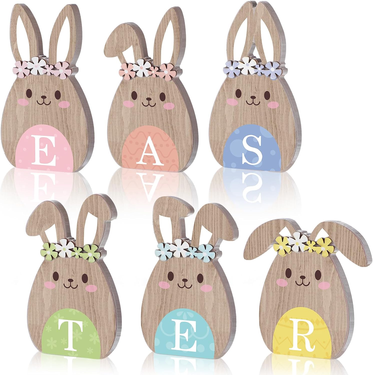 Bucherry 6 Pcs Spring Easter Bunny Table Decorations Wooden Easter Tabletop Decor Bunny Shaped Wood Centerpieces Rabbit Home Decor for Table Tiered Tray Mantle Office Party Patio Yard Decorations - Image 7