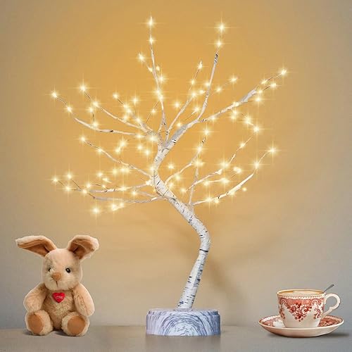 OTAVILEM Room Decor, 20" 108 LED Twinkling Tree Lamp, DIY Artificial Tree Lamp, Battery/USB Operated, Tabletop Bonsai Tree Light for Living Room Bedroom Christmas Home Gifts House Decor - White Woodgrain