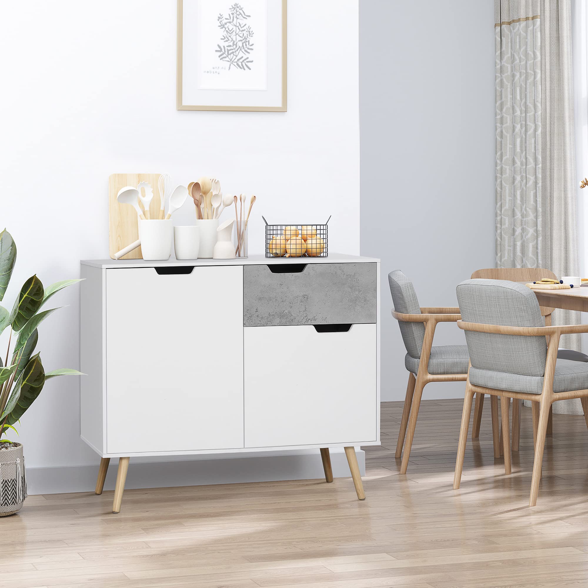 HOMCOM Aparador de Cocina Buffet 2 Puertas 1 Cajón 98x39x81,5 cm Blanco | Armario de Almacenaje, para Salón Estudio Dormitorio, Estilo Moderno