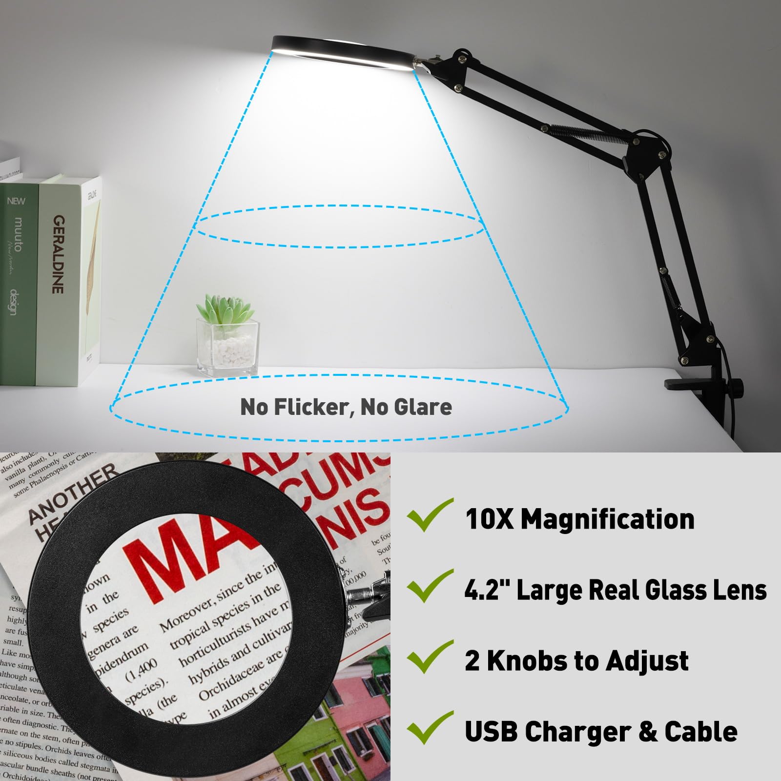 10X Magnifying Glass with Light, NUEYiO Flexible Arm Magnifier Lamp, 3 Color Modes & Stepless