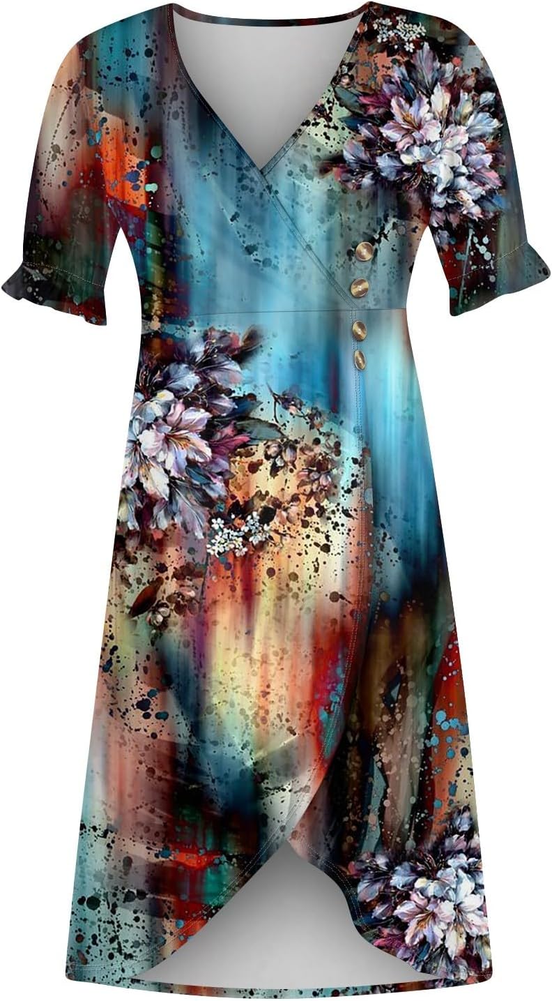 BAXLIMEK Beach Dresses for Women,2025 Spring Summer Trendy Floral Print Boho Dress,Elegant V Neck Ruffle Short Sleeve Midi Dress,Ruched Button Irregular Hem Vacation Dress Resort Wear(B-Navy,M)