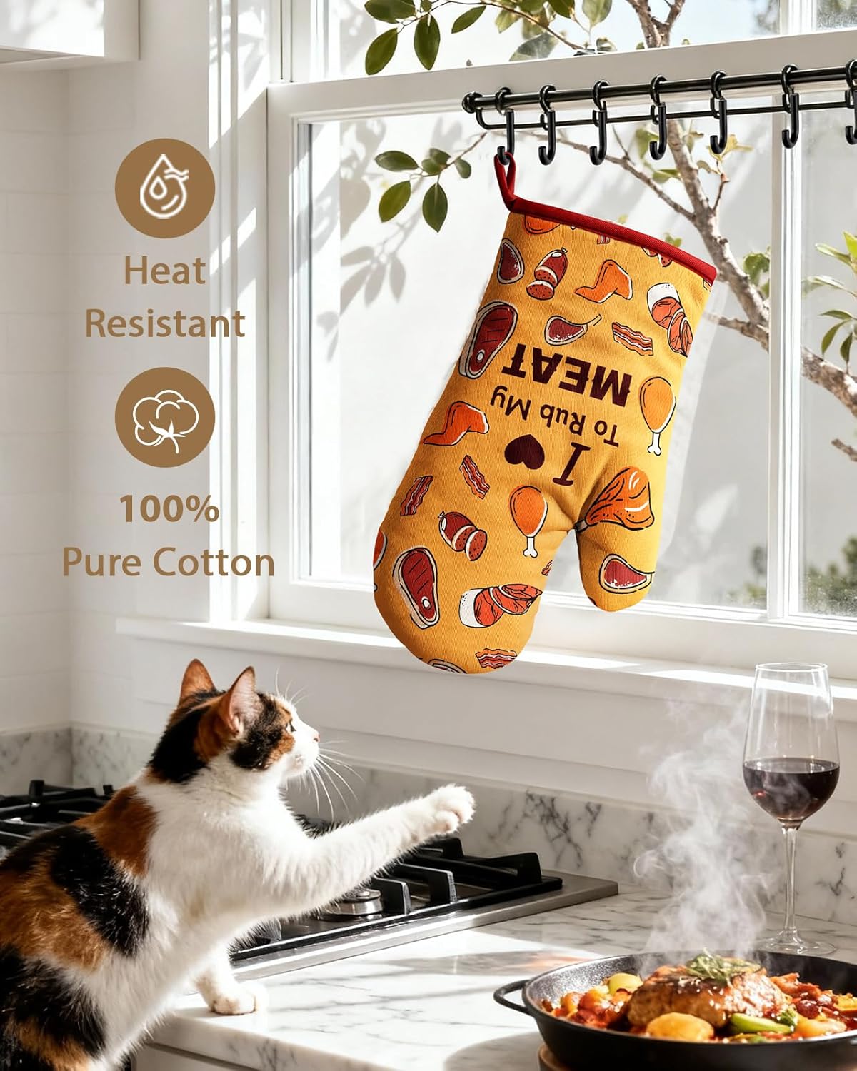 Slohif Funny Oven Mitt Heat Resistant for Women - 1 Pack Orange Cute Novelty Cool Kitchen Oven Mittens with 100% Cotton for Baking and Cooking Accessories (Meat) - Image 4