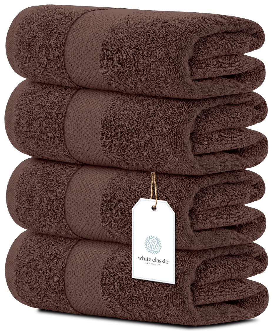 White Classic Luxury Bath Towels Large - Cotton Hotel spa Bathroom Towel | 27x54 | 4 Pack | Brown — image 1
