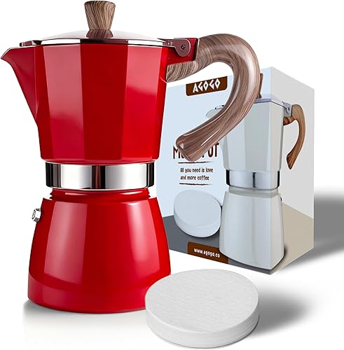 AGOGO Milano Moka - Cafetera espresso para estufa, greca, cafetera turca con filtro de papel, 6 tazas, color rojo