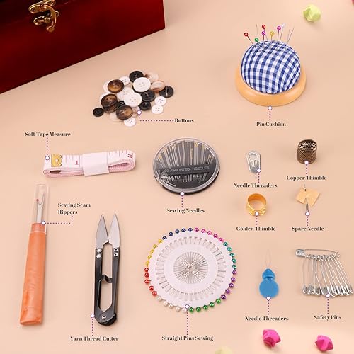 Miniatura 5 de Máquina de coser de mano, con elegante caja de coser de madera y kit de costura de 153 piezas, mini dispositivo de costura portátil inalámbrico de