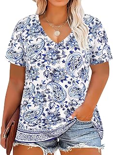 RITERA Women Plus Size Tops Tie Dye V Neck Shirt Floral Camo Summer Short Sleeve Tunic Oversized Ladies Blouse XL-5XL