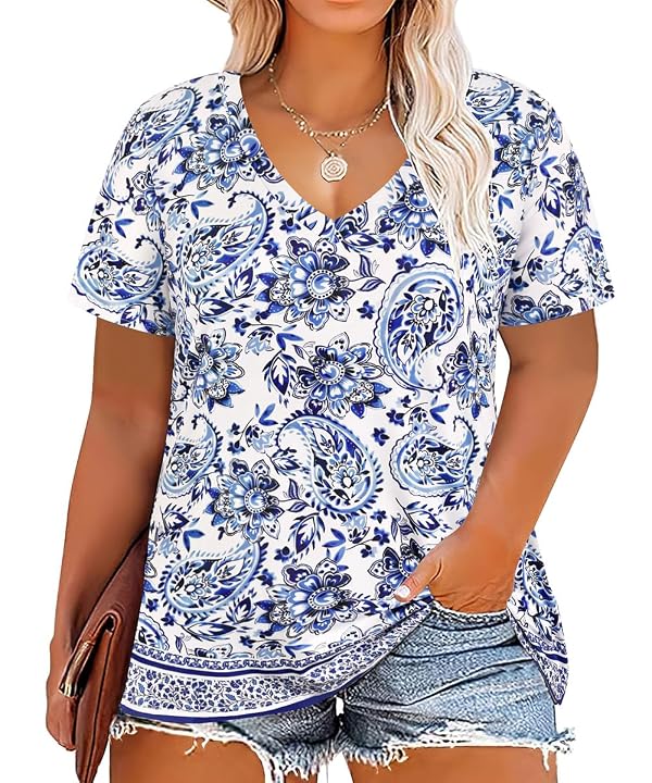 RITERA Plus Size Short Sleeve Tops for Women 4X V Neck Flowers Blue Floral Oversized Casual Loose Fit Pullover Shirts Ladies Summer Tshirt Lovely Tropical Tunic 4XL 26W by RITERA - Used condition - US$20.05