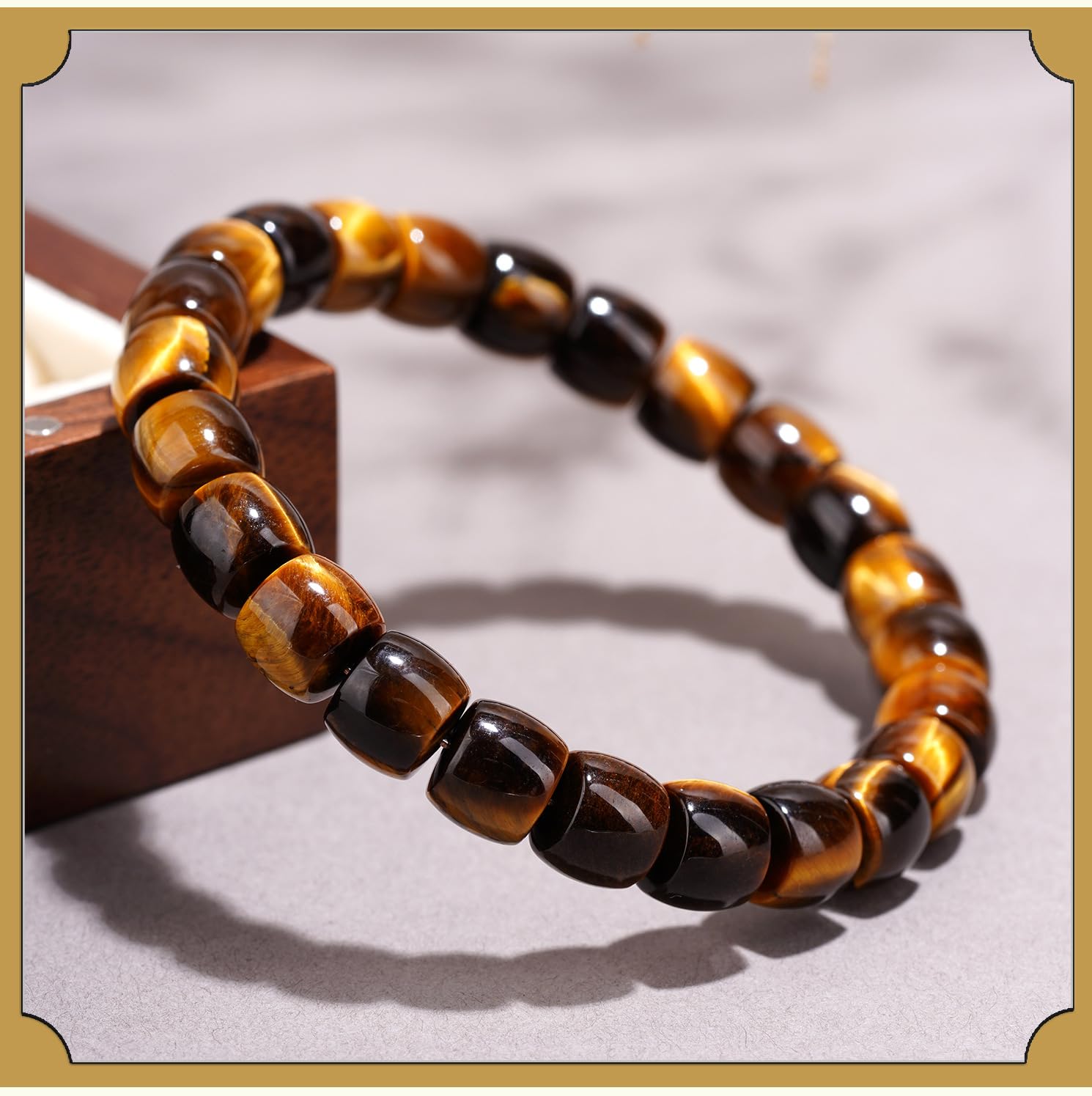 Pulsera elástica de Ojo de Tigre Dorado Natural | Cuentas de Barril biseladas de Chakras de una Sola hebra | Piedra de la Suerte y la Riqueza | Pulsera elástica Minimalista,7 * 4mm